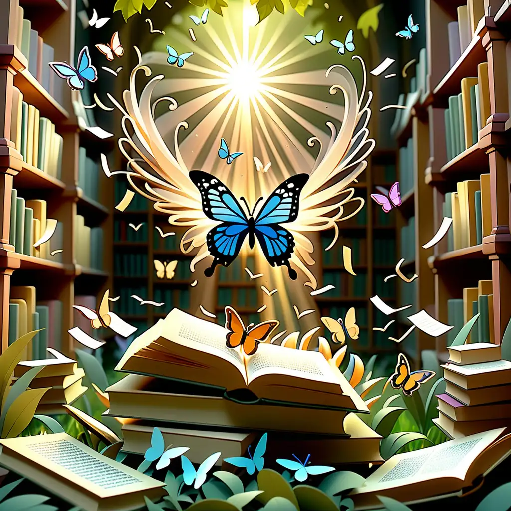 A representation of the World of Quotes as a garden of words, where each sentence blooms in full splendor. In this picturesque scene, surrounded by piles of books and enchanted quills, words float in the air like butterflies, ready to be caught and made part of your everyday life. As the sun's rays pierce through the leaves, you discover new quotes that tempt you to reflect and dream. In the World of Quotes, every scene is a magical journey through the world of literature and inspiration.