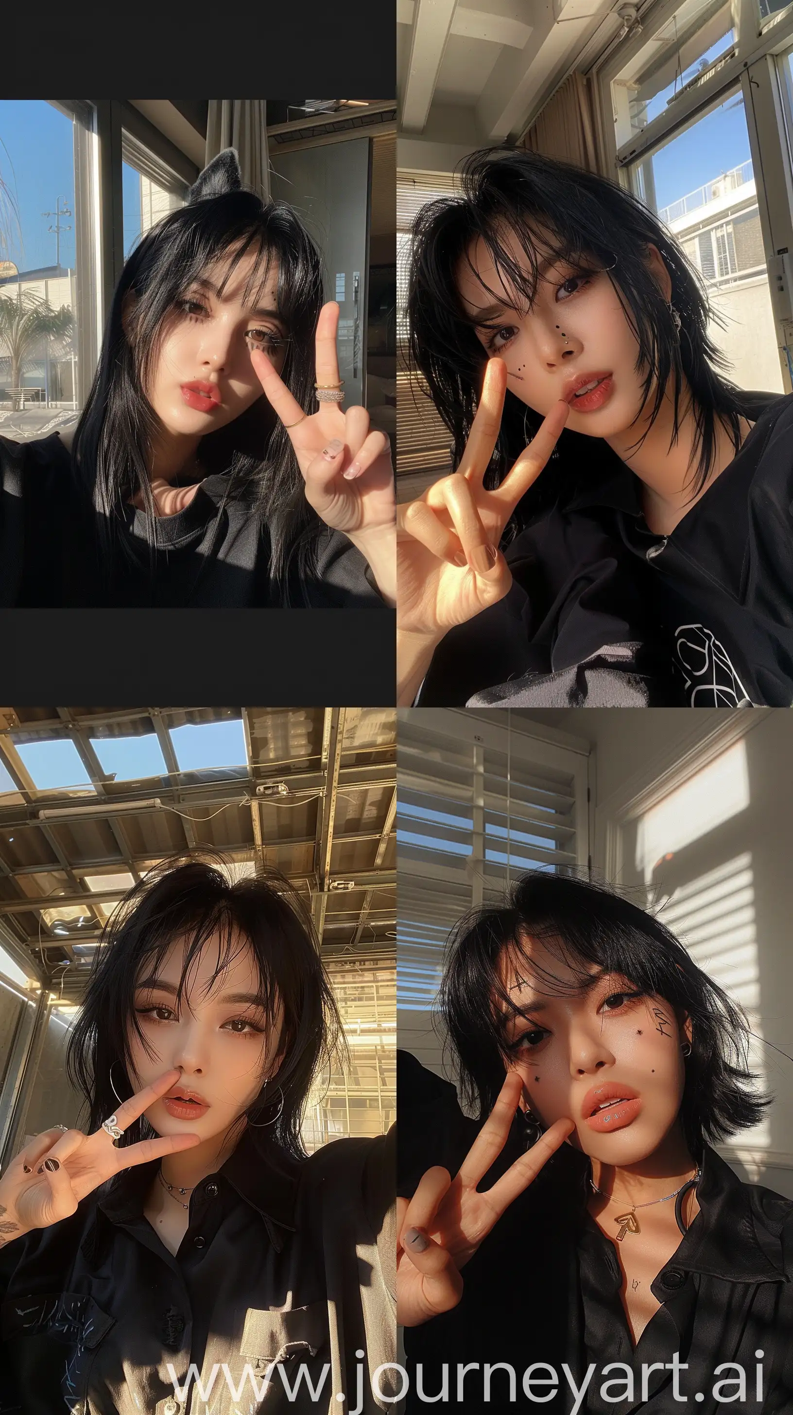 a selfie blackpink's jennie, black wolfcut hair, wide set eyes, grunge aestethic make up, wearing black shirt making peace sign in sunlit room --ar 9:16 --stylize 250