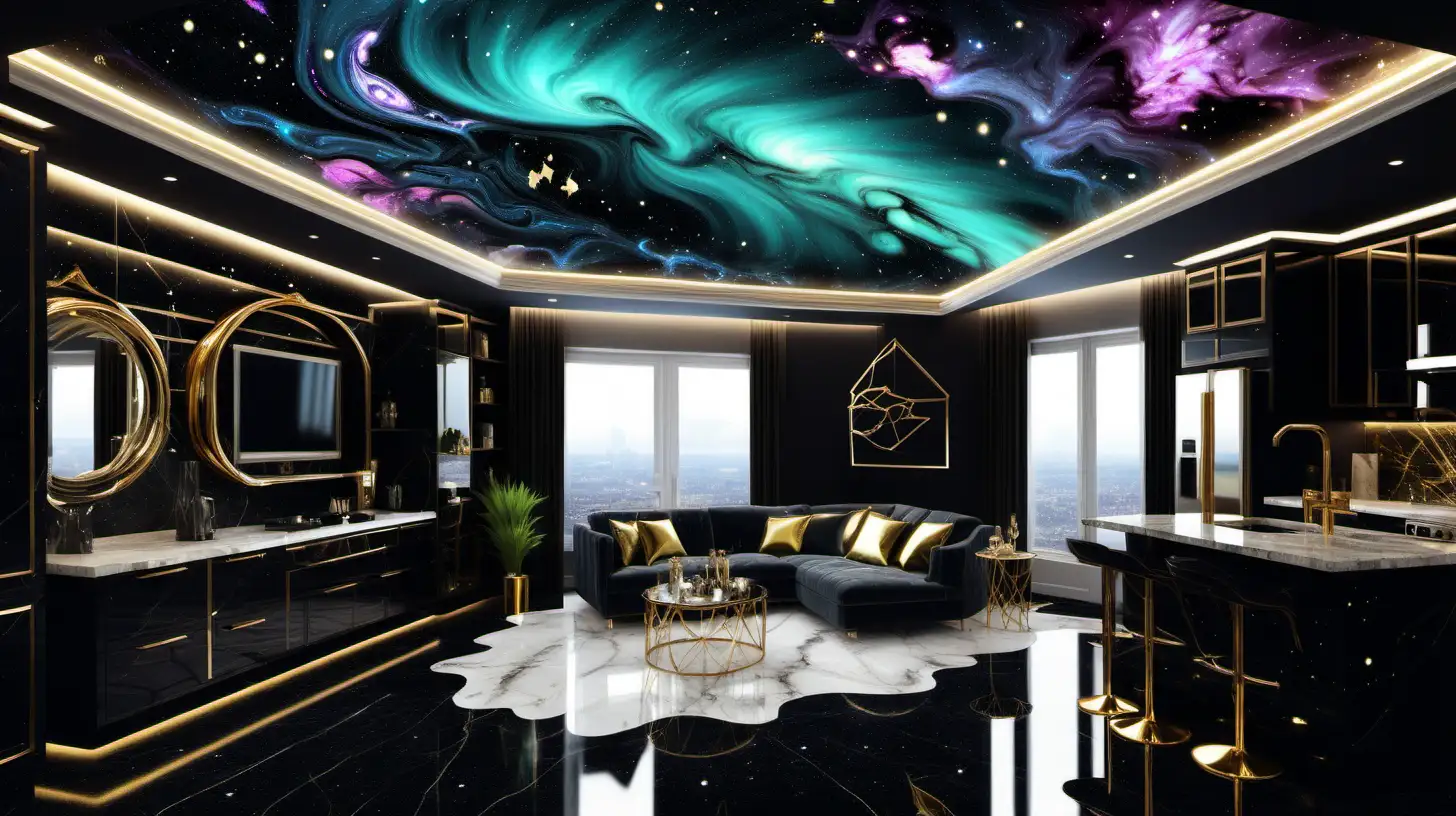 studio apartment. marble. gold. white. outerspace. stars. dark matter. nebula. aurora. neon. very intricately and microscopically detailed. very intricately and microscopically detailed. glossy. iridescent. luxury design. wide view