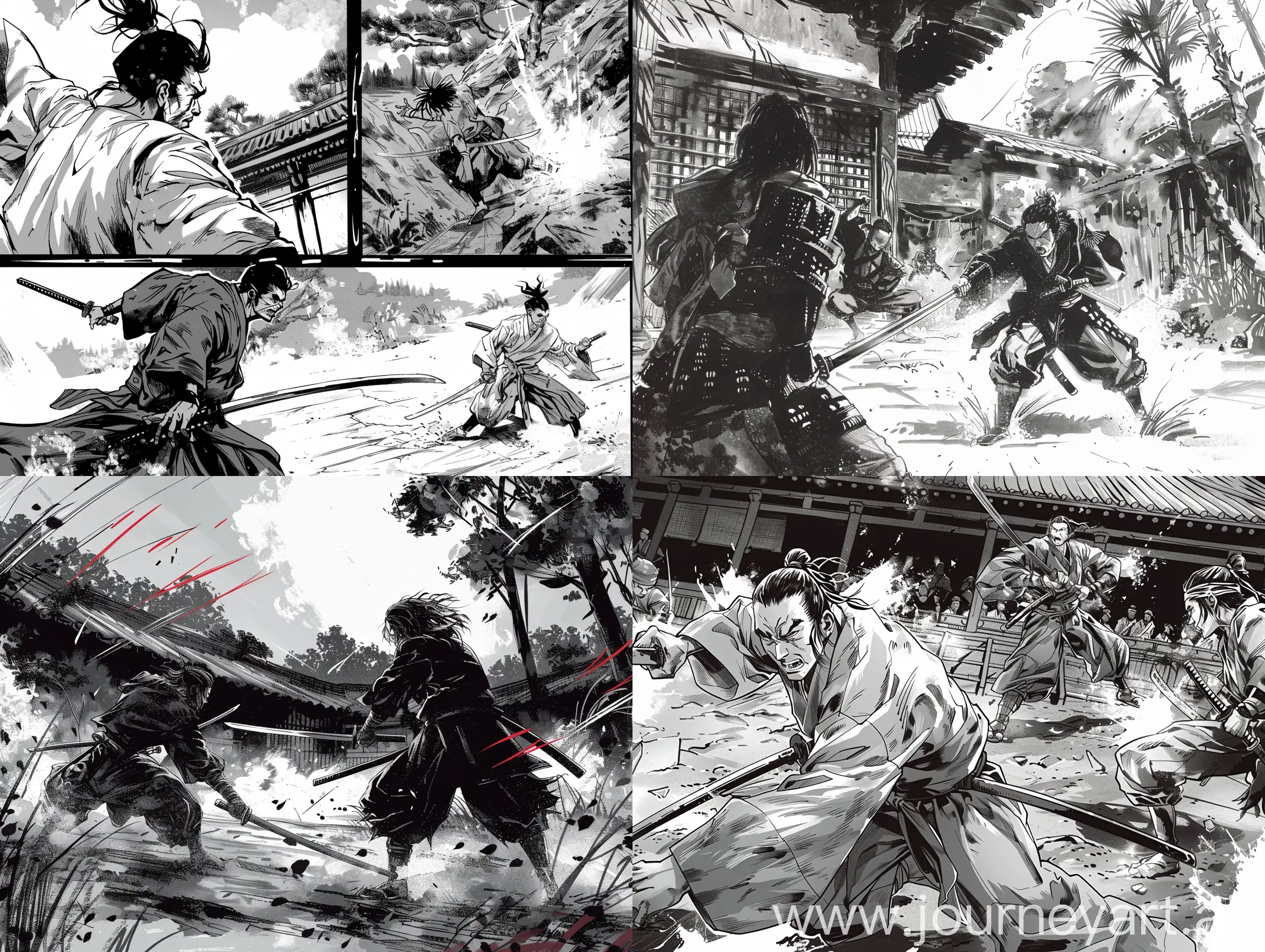 a manga panel, best quality, a samurai fight ninja , ground shot,  --v 6 --ar 4:3 --q 2
