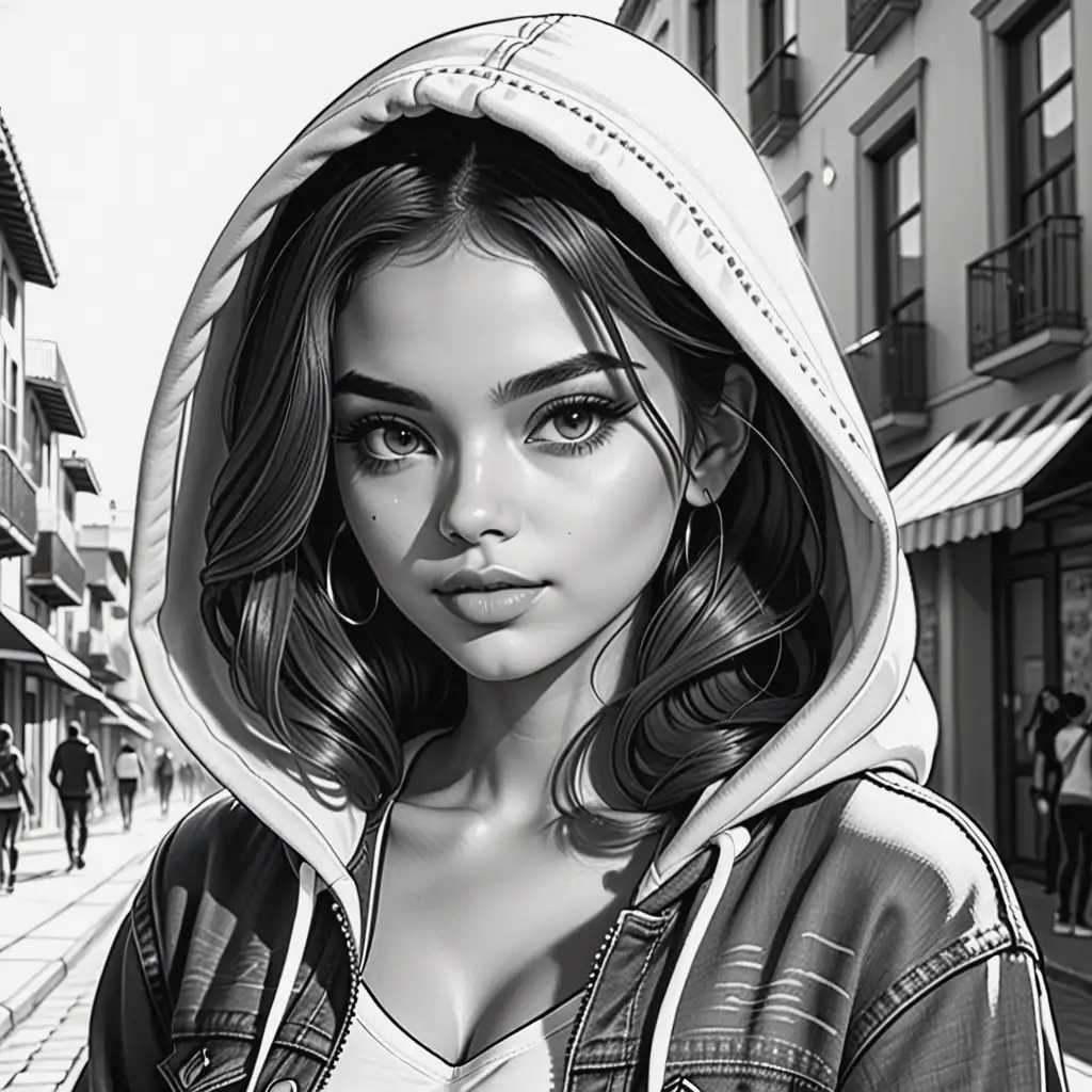 adult coloring book, black and white, cartoon style, dark-lined, no shading, high details. mexican fashion model with perfect makeup wearing jeans and a hoodie in an urban setting
