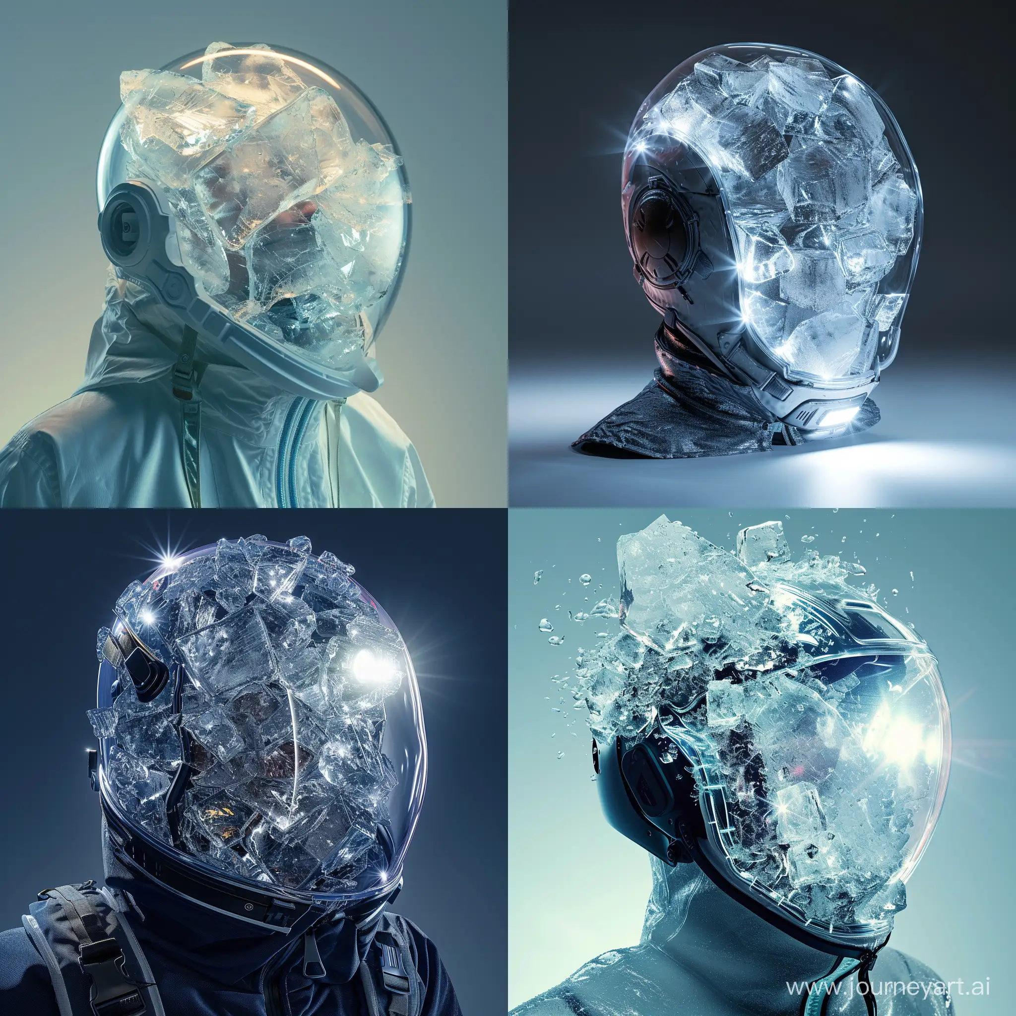 Ice costume transparent helmet full of piece of ice Kodak light realistic studio flat background 