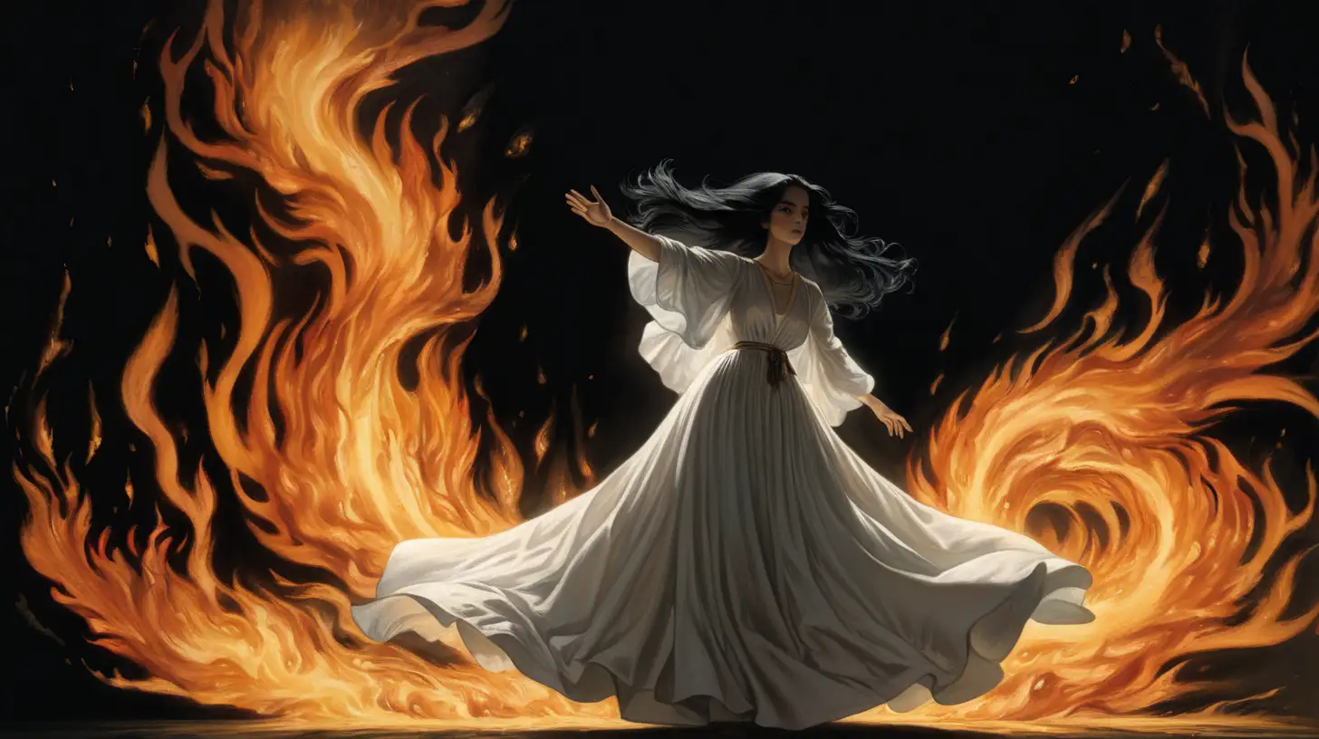 a woman in a billowing white dress with flowing black hair stands in darkness. her hands are spread out in front of her and flames are erupting from her hands; there is the shadow of a cat like creature in the corner