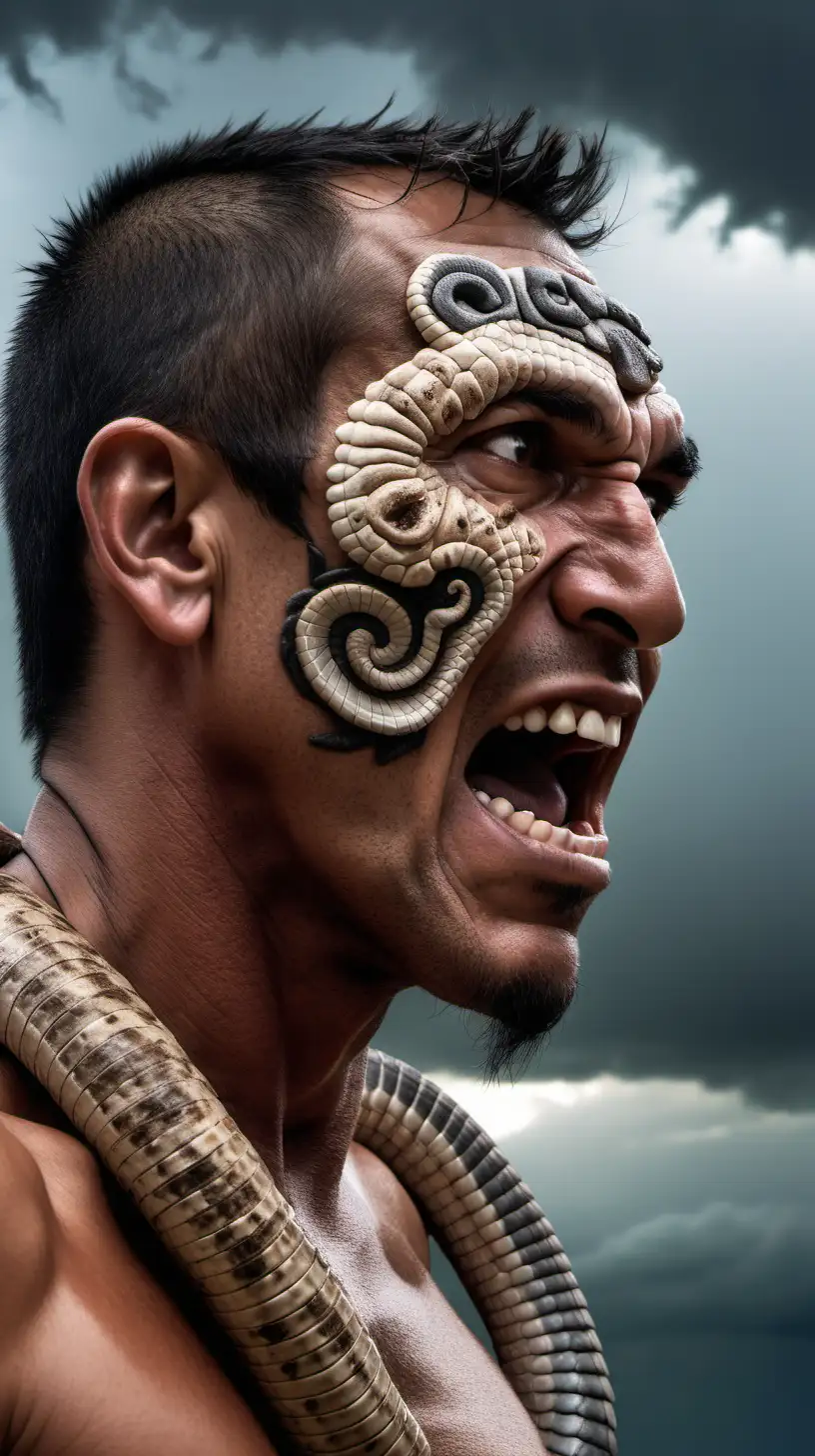 Furious 35YearOld Aztec Man with Rattlesnake Face Screaming in Storm