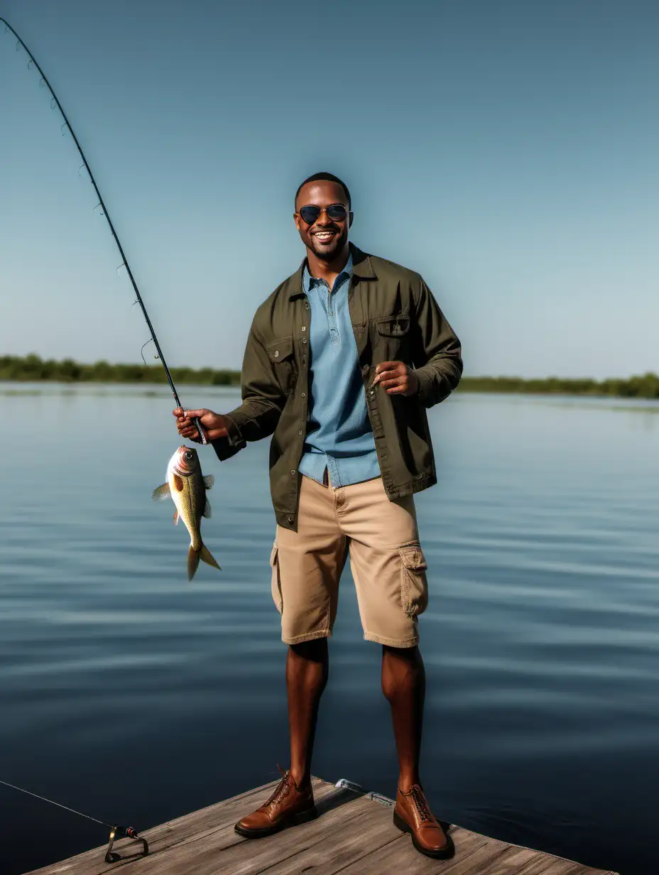 A handsome african american man with a  casual outfit on fishing full body