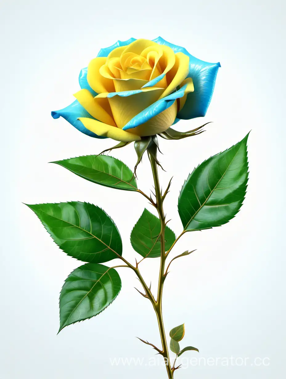 Vibrant-8K-HD-Realistic-Sky-Blue-and-Yellow-Rose-with-Lush-Green-Leaves-on-White-Background