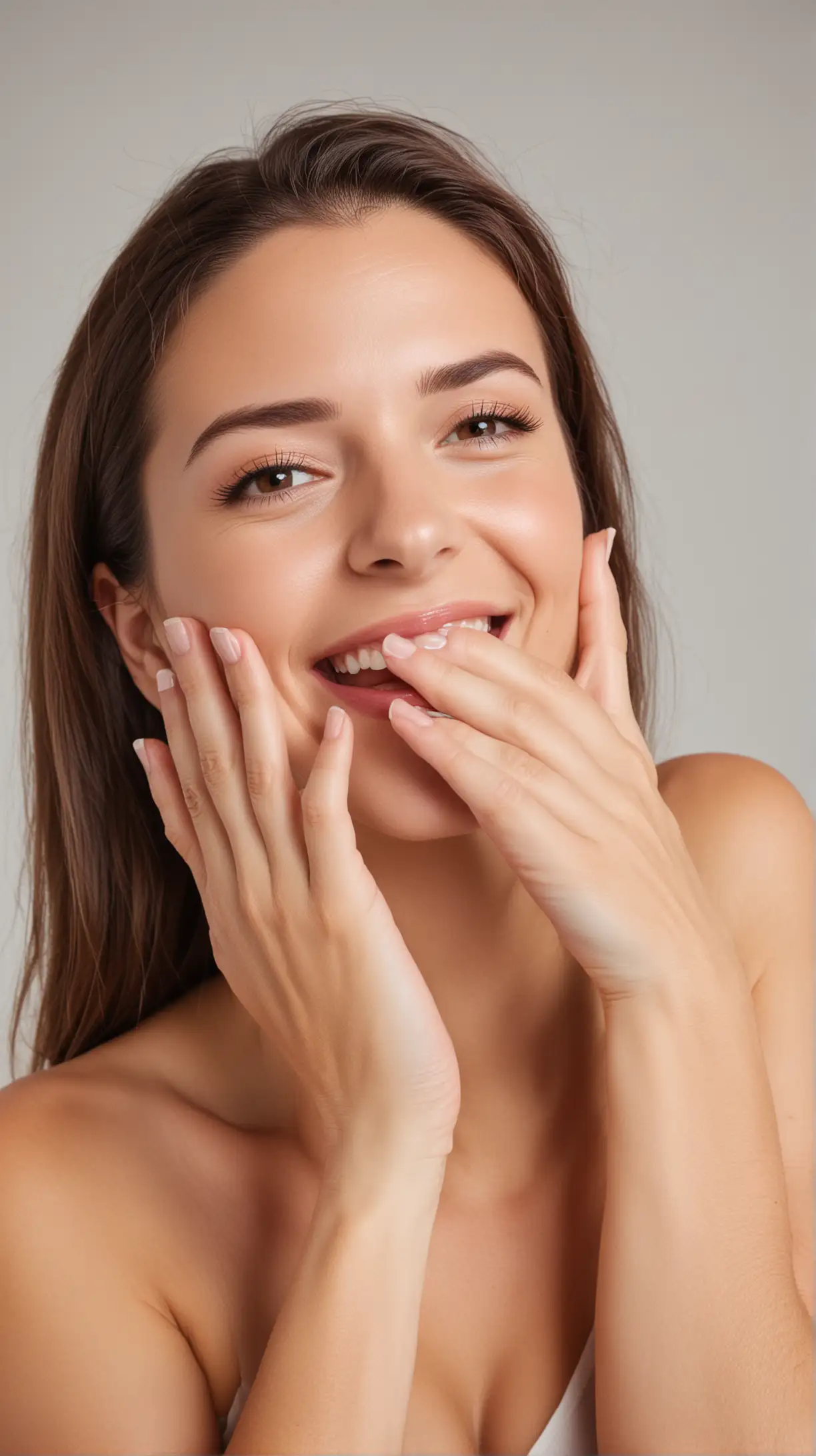 Woman smiling, but shes covering her mouth with hand 