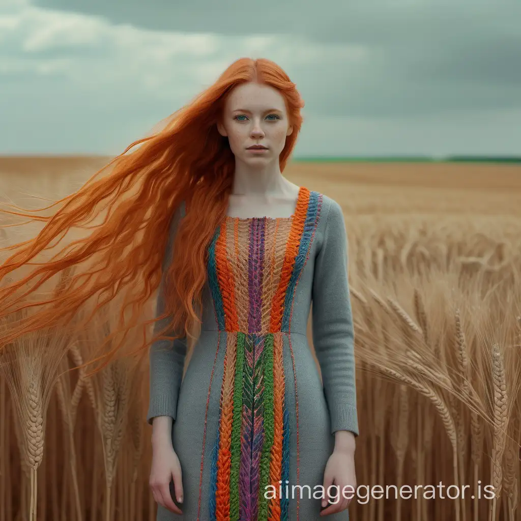 full body portrait.Photography.very detailed.an Irish girl with long orange hair, wearing a dress made of colorful wool threads (intricate), standing gracefully in a Wheat field, with a background minimalist landscape background. High resolution. HD 16K. Cinematic