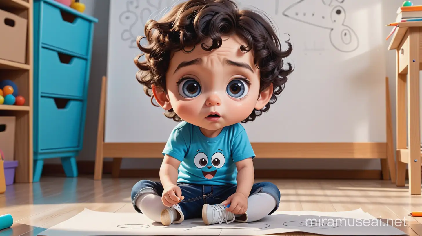 pop type , create A surprised male kid have a 4 years old , light skin, black big eyes, dark brown wavy hair, blue shirt with short jeans and white shoes , sitting on the floor and drawing on the floor while looking to his draw. cartoon type 