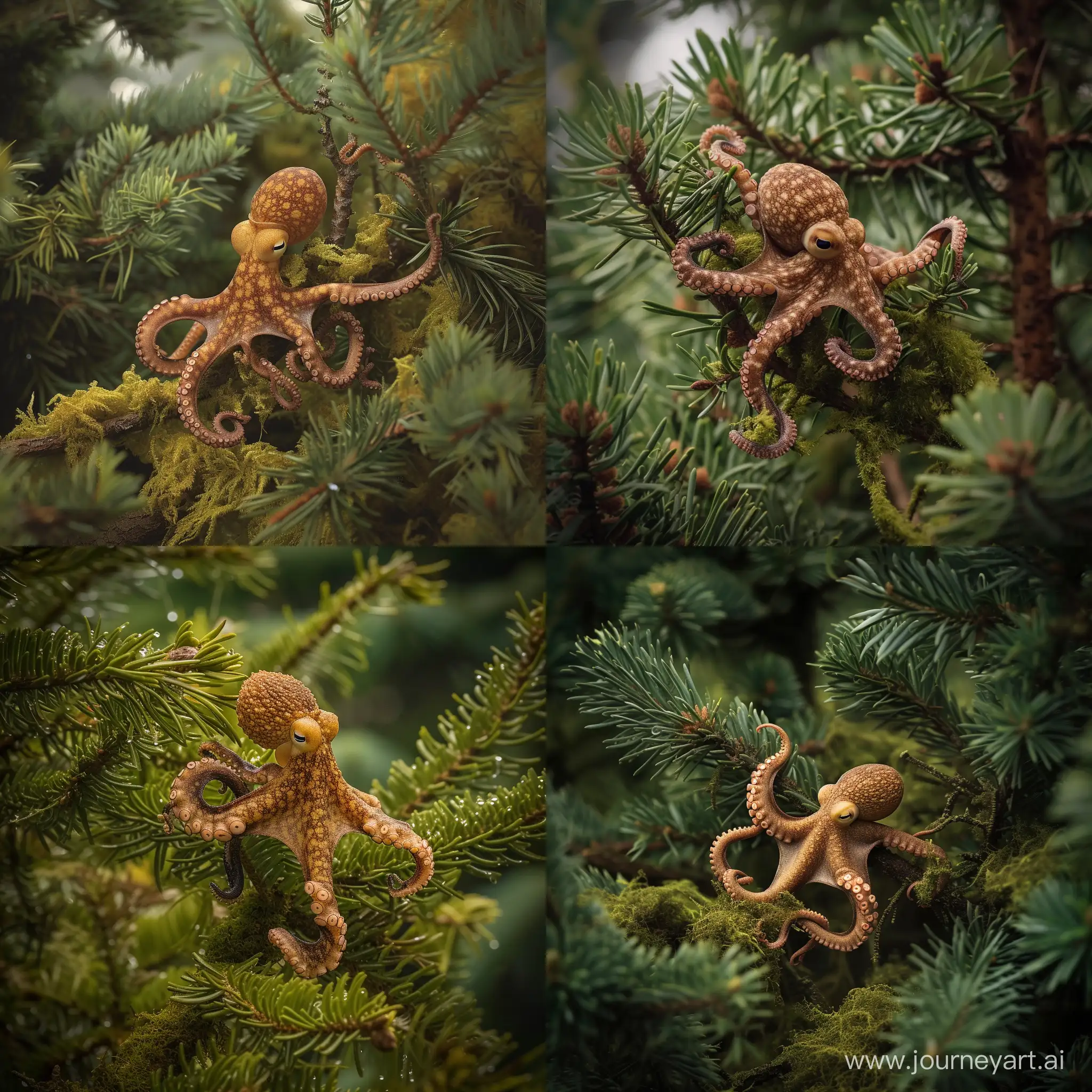Adorable-Baby-Octopus-Clinging-to-Pine-Tree-Branches-in-Lush-Forest