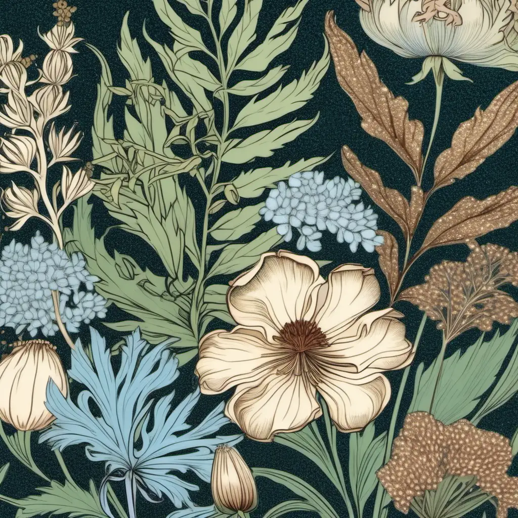 Vintage Botanical Illustration with Beige Peony and Herbs in William Morris Style