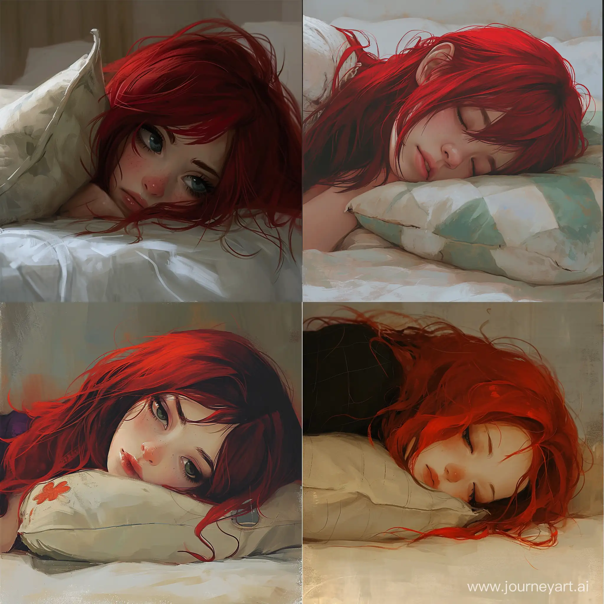 Close-up of the girl lying on the bed, her red hair spread out around her face. The pillow she holds tightly against her chest accentuates the atmosphere of longing and sorrow.