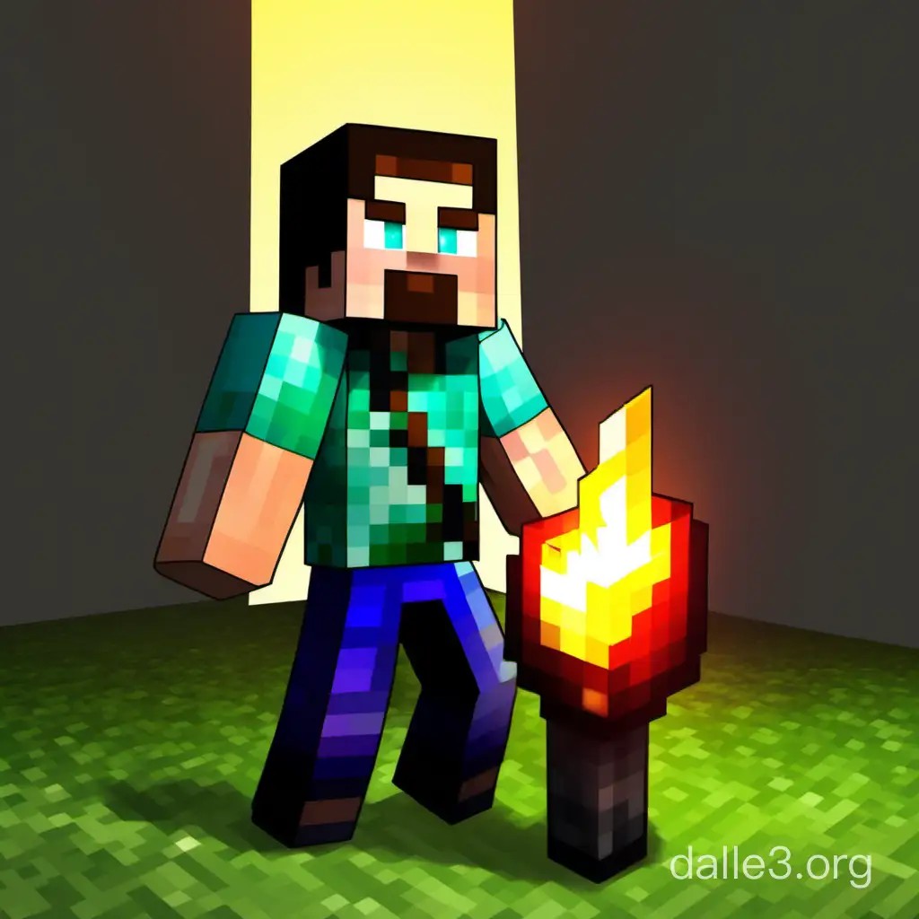 Человек в Майнкрафте стоит с факелом и с киркой в руках