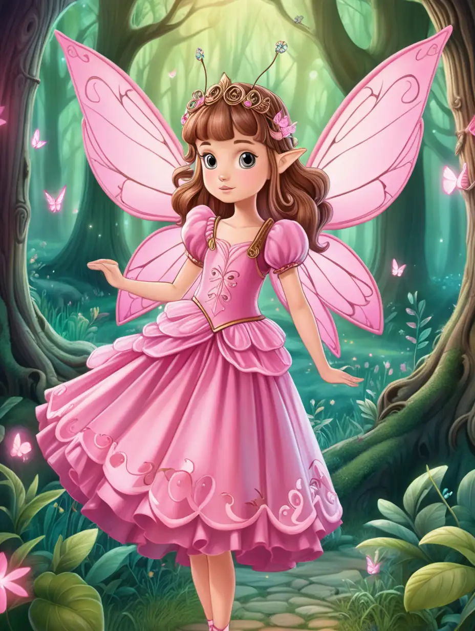 a girl looking like a fairy dressed with a pink warrior dress in a enchanted forest in cartoon style