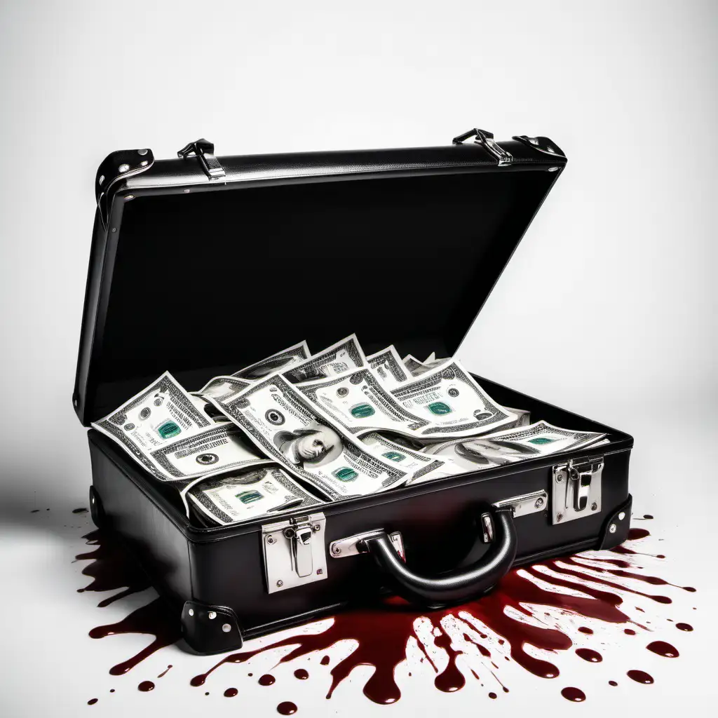 BloodStained Briefcase Filled with Money on White Background