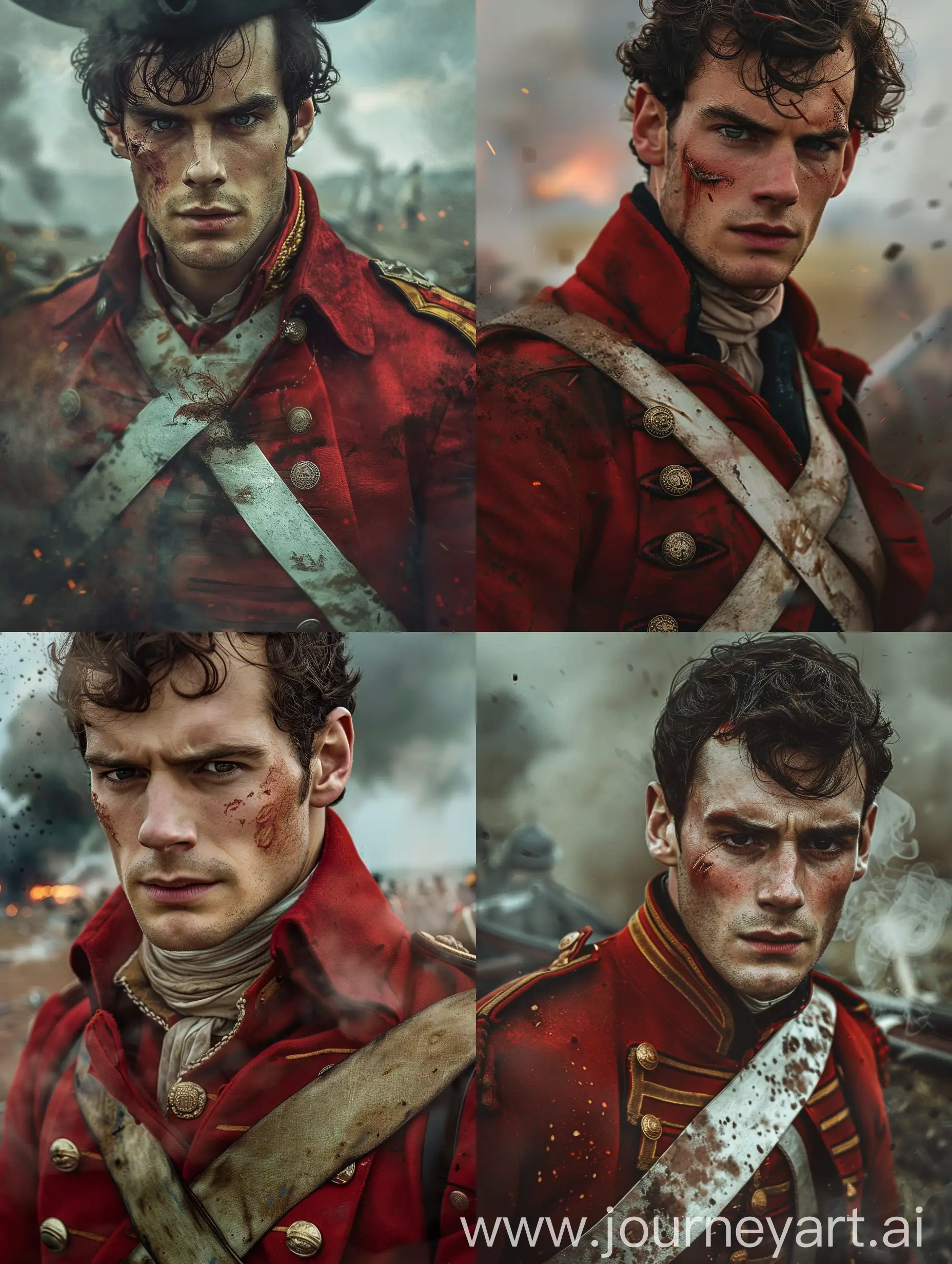 Close-up of handsome young English officer in a red coat uniform, without a hat, bearing some resemblance to actor Henry Cavill in the film The cold light od day, standing on a battlefield, surrounded by cannon smoke, mournful expression, with a small wound on his face and wielding a sword, Regency era. Ultrarealistic