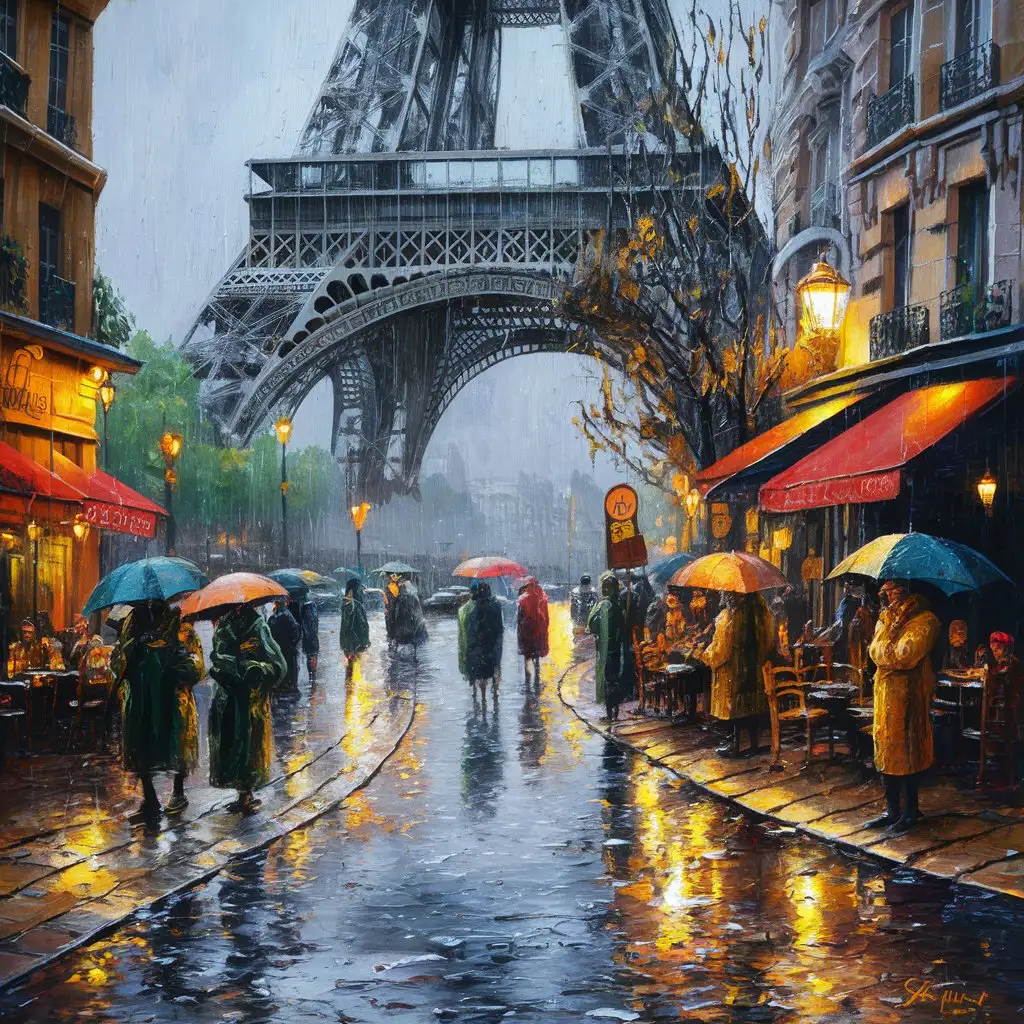 Paris Rain Street Scene Painting Romantic Evening Stroll by the Seine