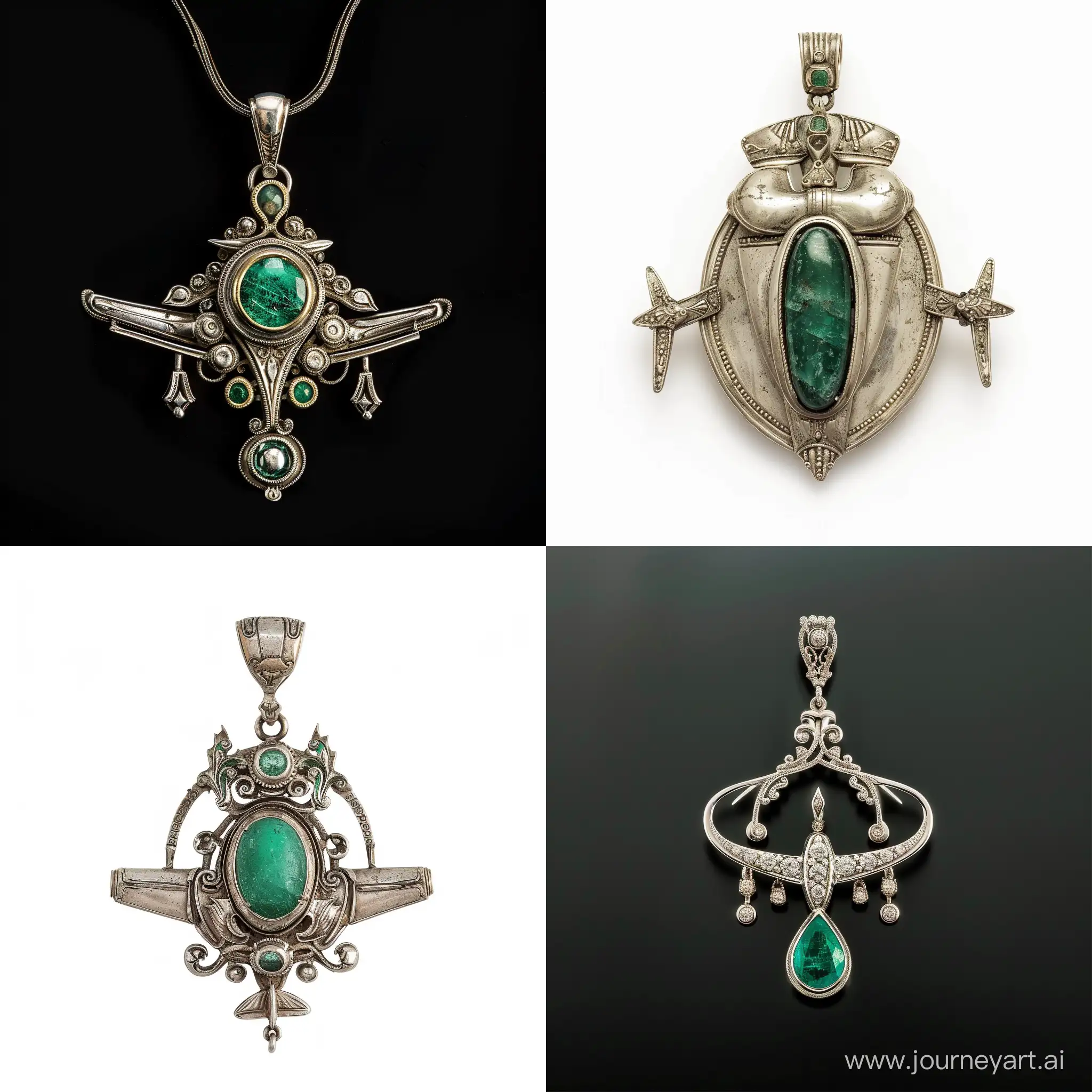 A pendant in the shape of an aeroplane with a piece of emerald in the centre, the rest of the pendant is decorated in white gold with fine ornamentation.