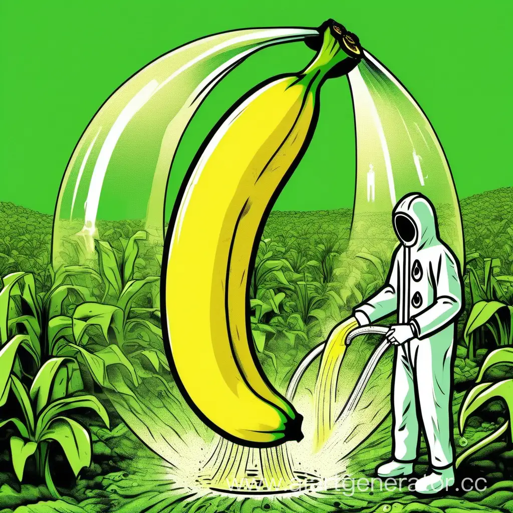 Большой банан в рост человека, на кожуре знак радиоактивности, рядом стоит человек в защитном от радиации костюме, поливает банан из шланга, атмосфера зеленого радиоктивного мира
