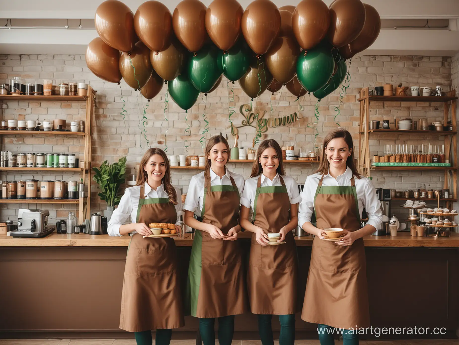 Праздничное открытие магазина чая и кофе, воздушные шарики коричневого и зеленого цвета, радостные сотрудники в коричневых фартуках
