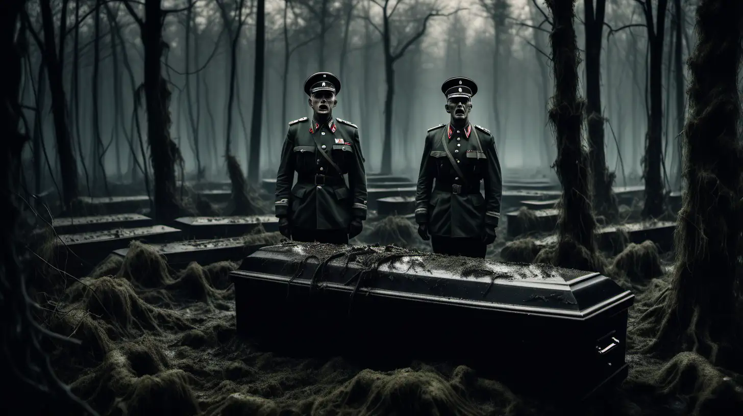 very dark forest, swamp, demons in air, horror atmosphere, wehrmaht officer  cry next to coffin