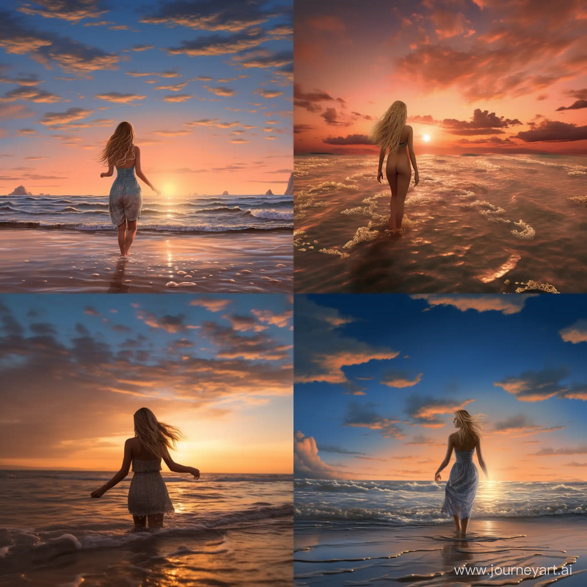 A blonde girl in a bikini walks along the edge of the sea on the sand in the waves at sunset