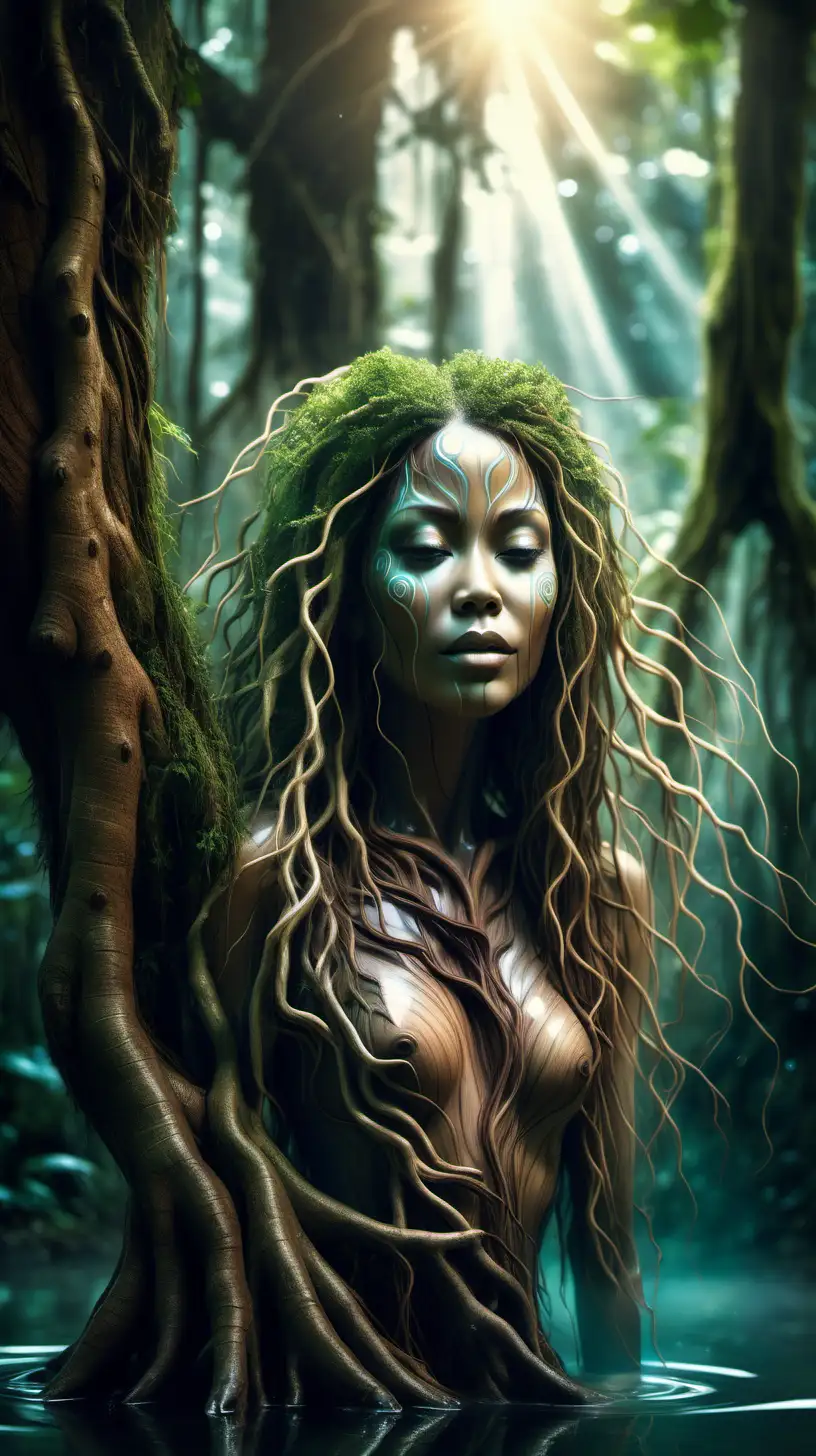 Beautiful woman Tree spirit in a rainforest, her hair is connected to the roots of the tree, water reflection dazzling with light and subtle nuances.