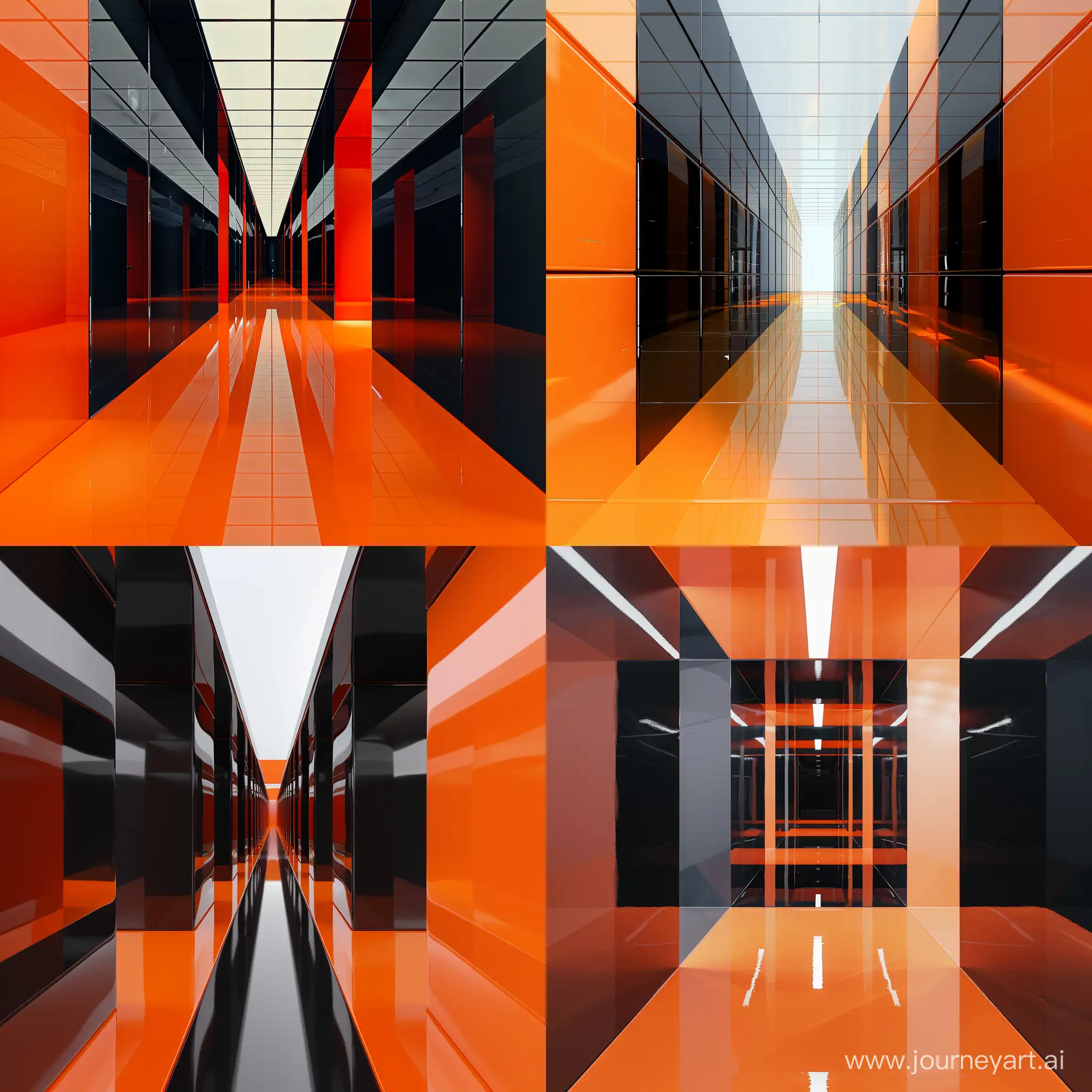Two glossy painted cubes of black and orange,camera is looking up from the bottom of the aisle of the cubes, photo realistic, high resolution, unreal quality