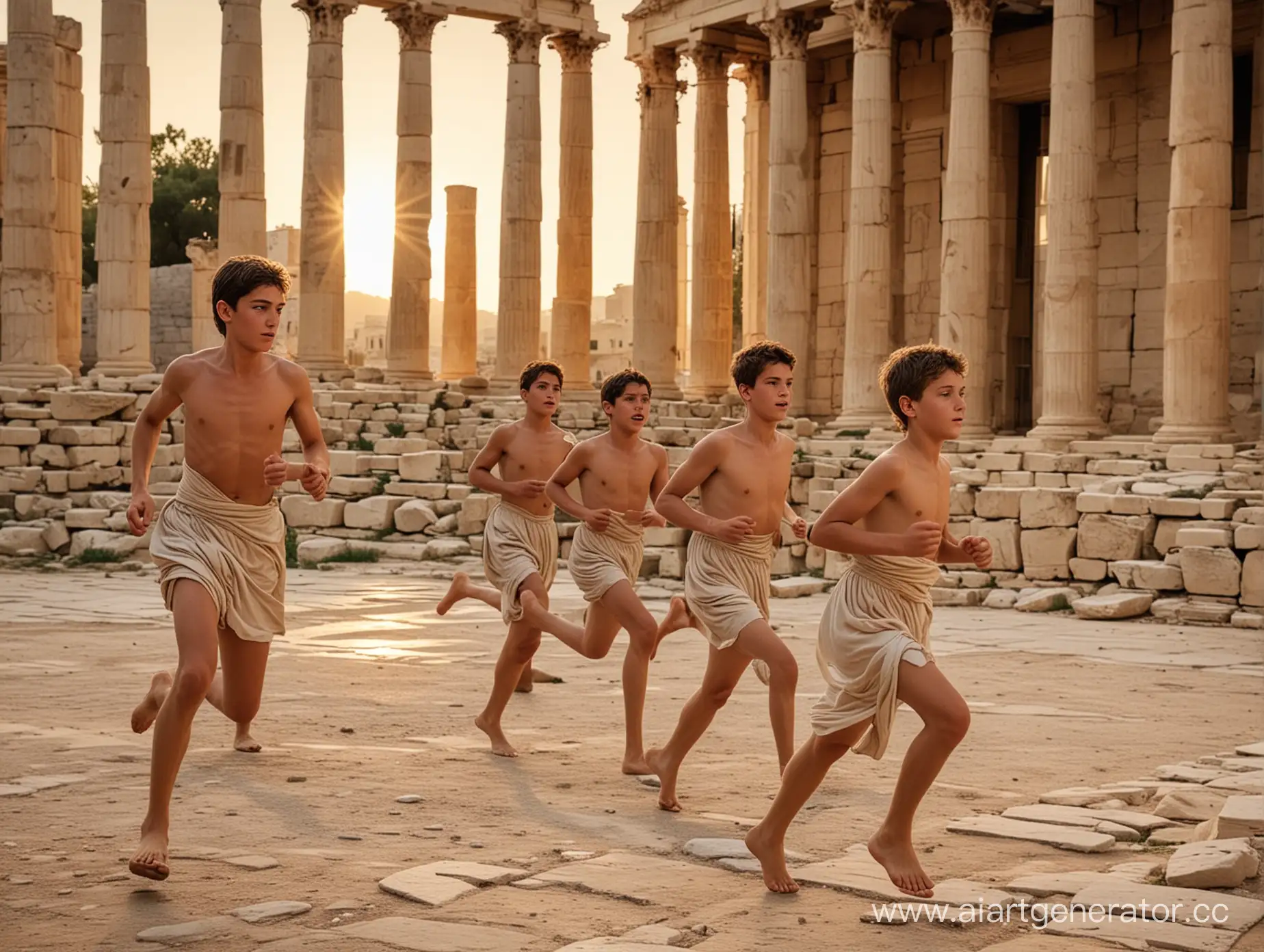 Athletic-Boys-Racing-at-Sunset-towards-Ancient-Gymnasium