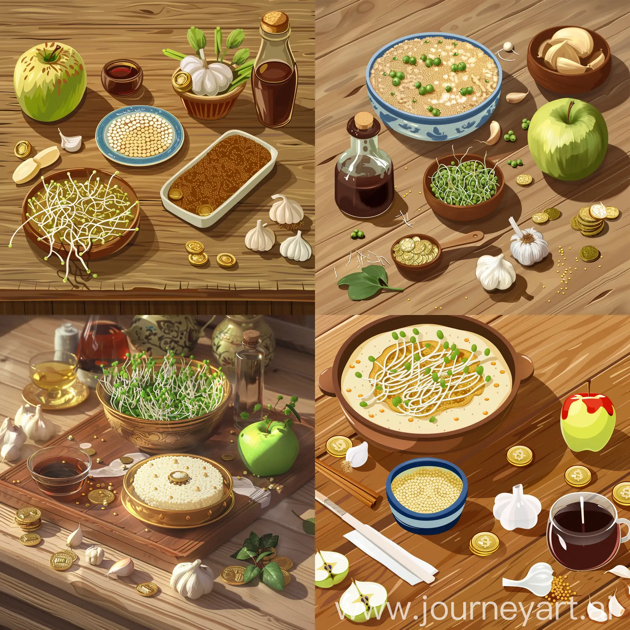 A simple background with a Clash of empiers  themed table set for the Haft-Seen traditional Persian New Year's display in the spring season, featuring mung bean or lentil sprouts , apple, sweet pudding made from wheat germ , vinegar, garlic, coins in dish , placed on a wooden table ,in isometric view, high detailed , 4k