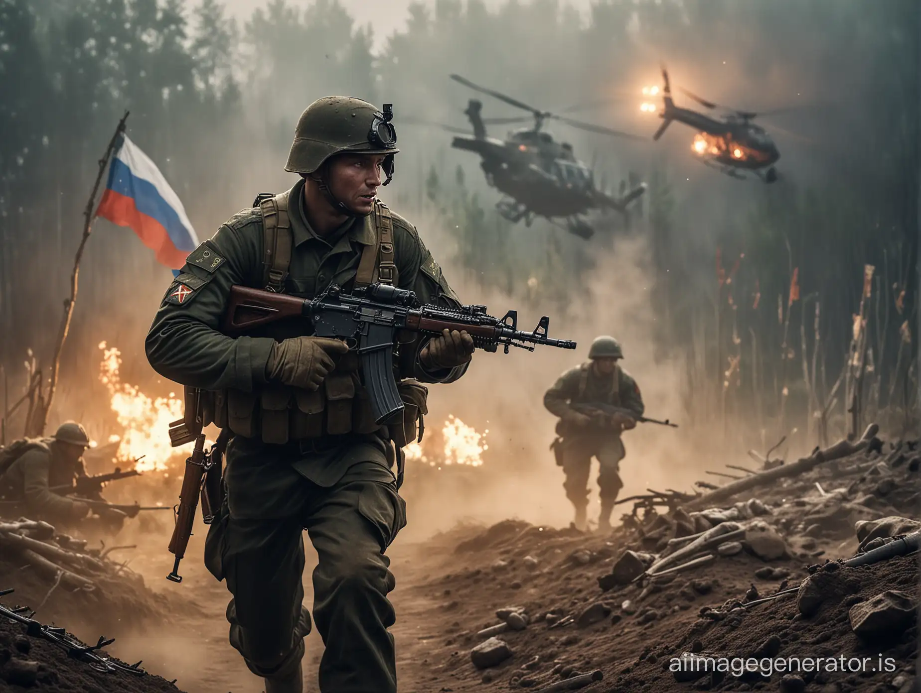 photo of a fully equipped modern Russian army soldier with AK rifle on the attack in trenches, two helicopters inbound, Russian flag floating behind, bright lighting, military art, 4K resolution, shot on Leica M10, painterly style, dynamic composition, left-behind view