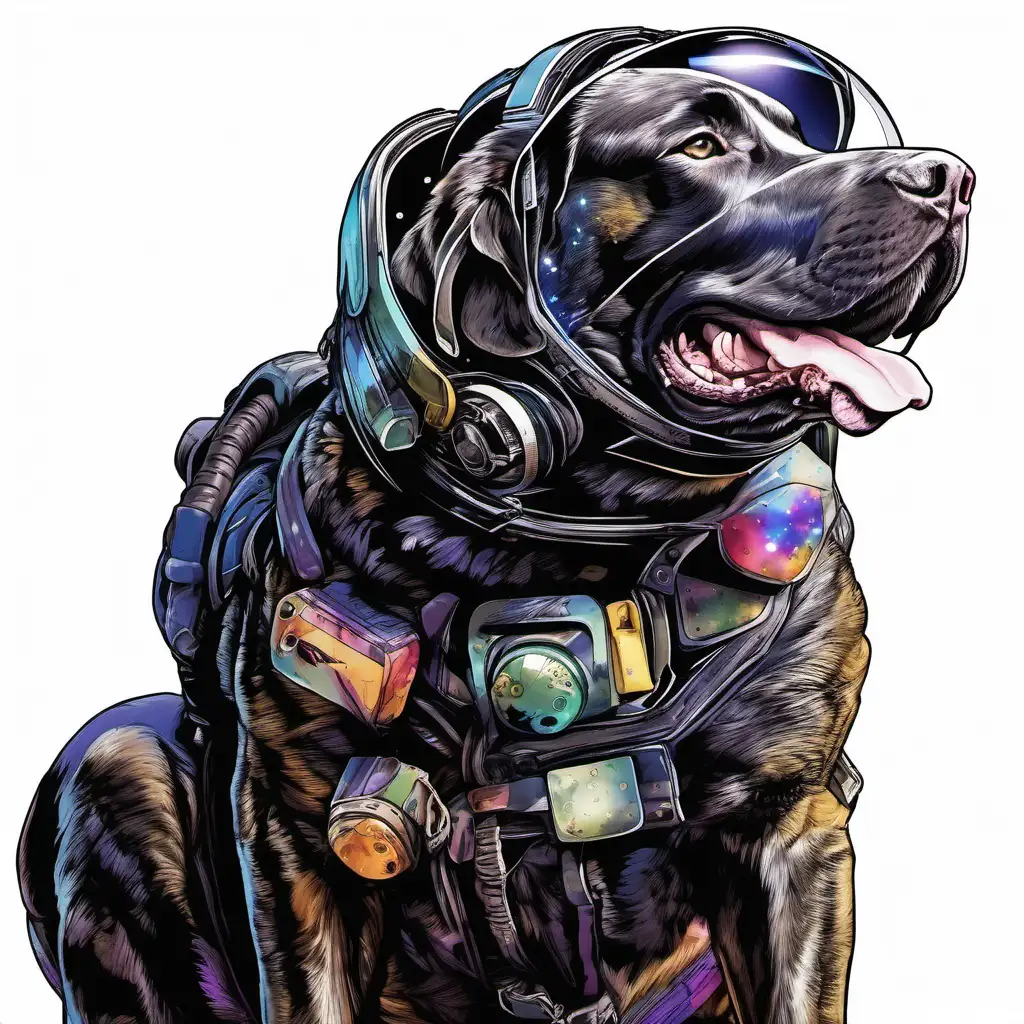 Labrador retriever mastiff mix::3, dog sitting::4, super 3d::2, extreme psychedelic::3, in outer space::6, wearing fighter pilot helmet::7, lots of stars::4, lots of galaxies::5, detailed::4