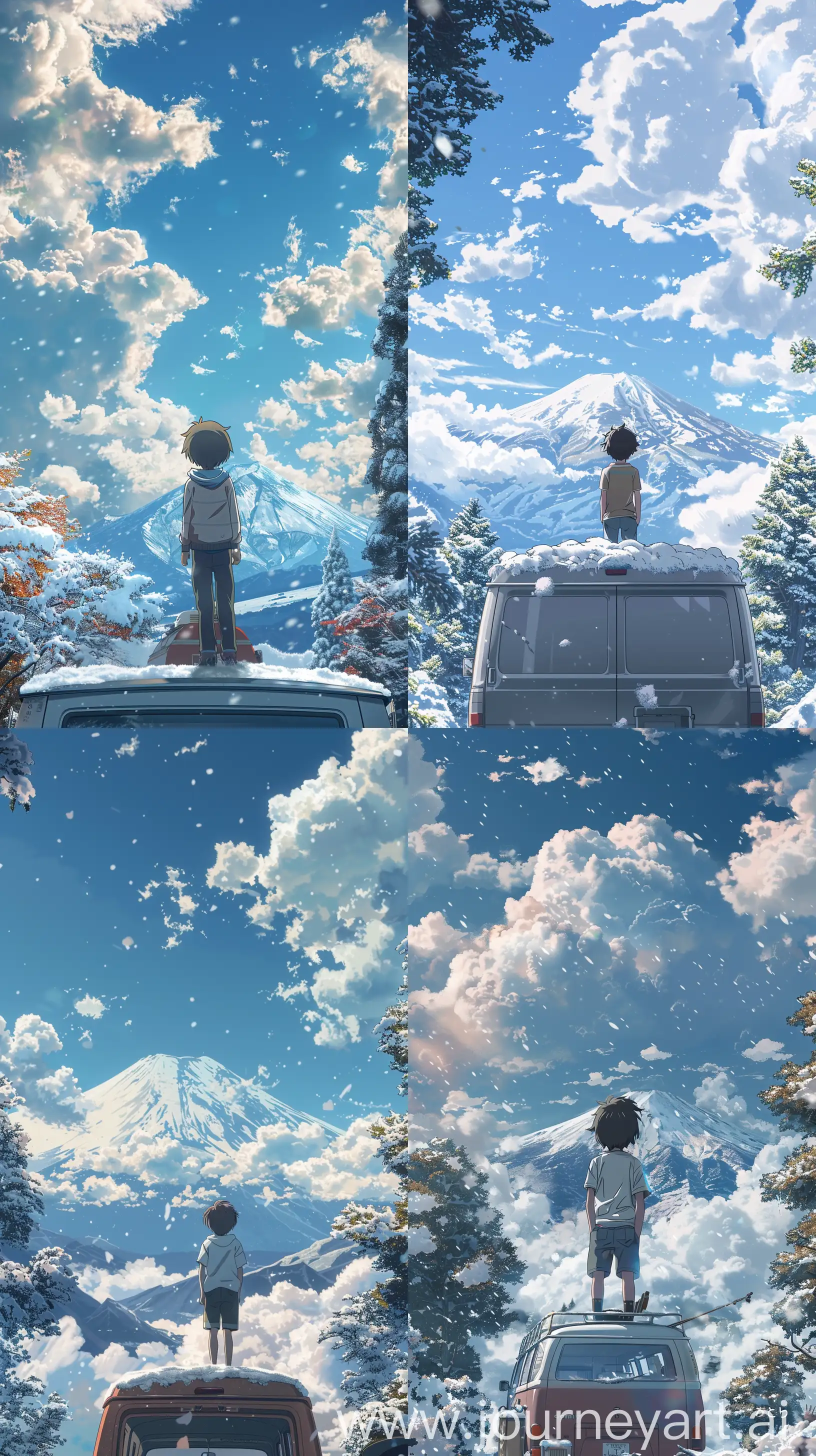 Anime Japanese young boy, back facing view, standing on a traveling van, gazing at fluffy clouds in the sky, snow-capped mountain vista, nearby trees laden with snow, in the style of Studio CoMix Wave Films style highly detailed, sharp quality 8k --ar 9:16 --v 6