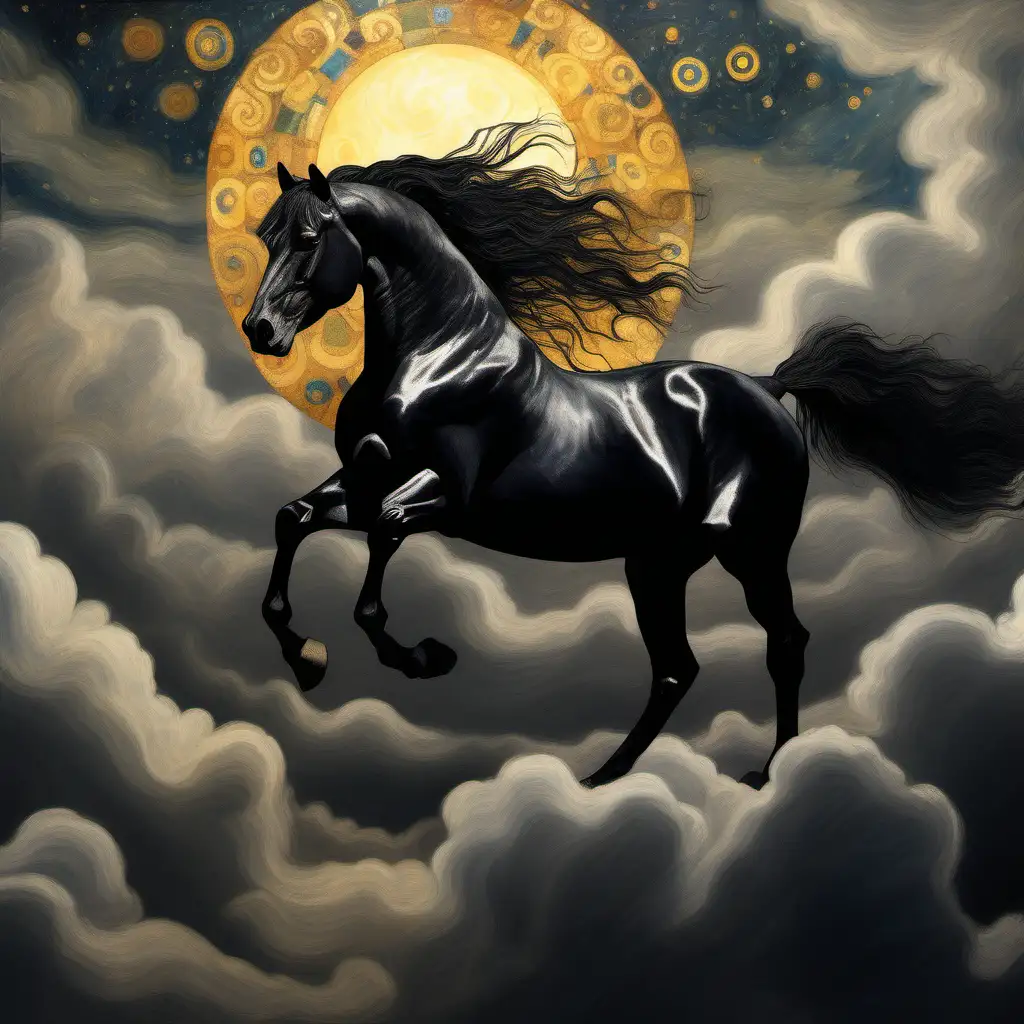 Black horse mounts, in the sky, clouds and the sun , colorist, Gustav Klimt style, cinematic style