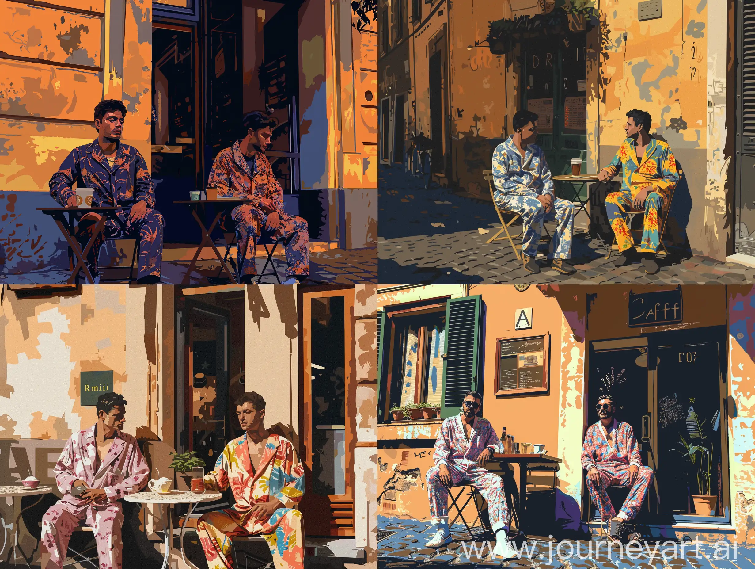 Digital art of two Italian men in pajamas sitting outside a café in Rome
