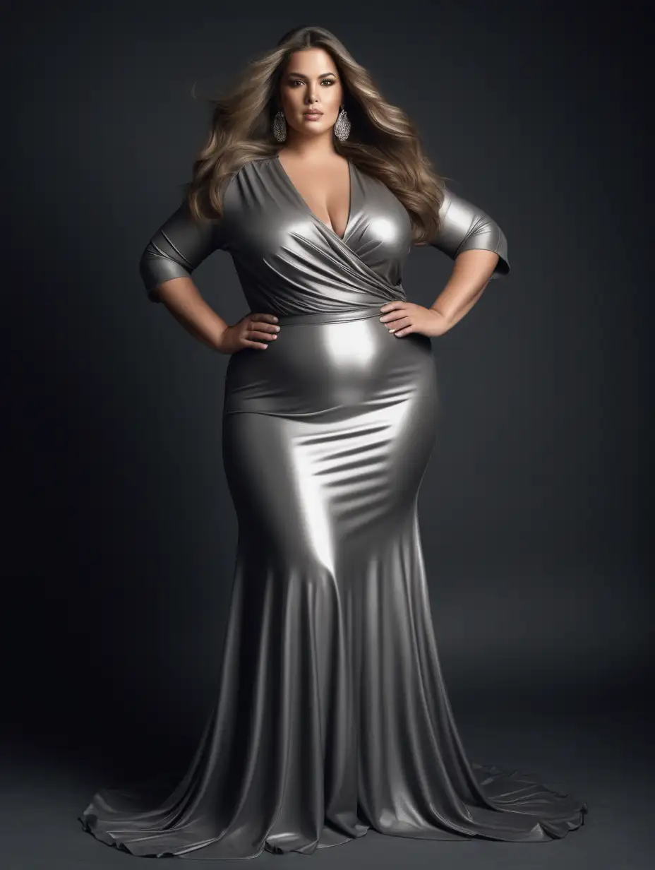 Elegant Plus Size Model in Metallic Silver Evening Gown