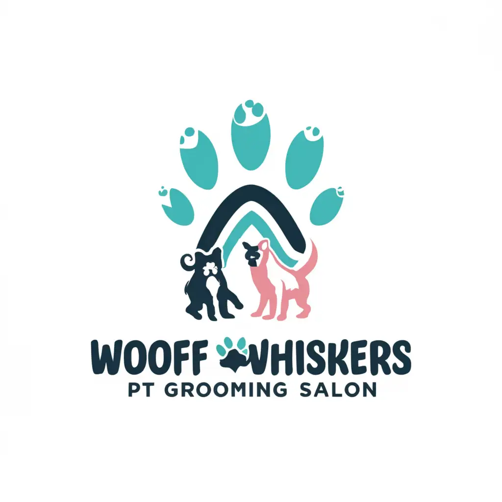 a logo design,with the text "WOOF N' WHISKERS PET GROOMING SALON", main symbol:Paws, Pomeranian, cat, white, pink, teal blue,Minimalistic,be used in Animals Pets industry,clear background