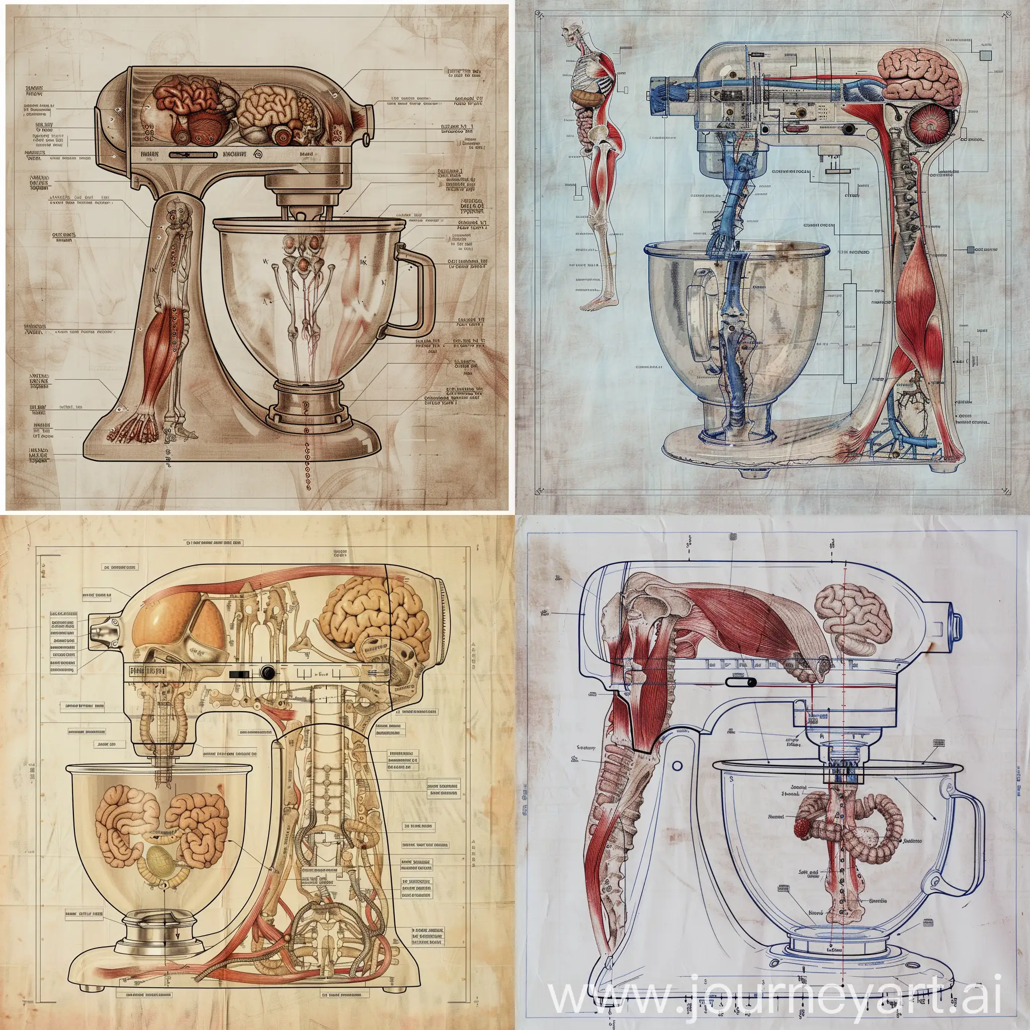 a technical drawing on a blueprint, of a stand mixer. It components are made of human body parts, including muscles, bones, organs, joints and flesh, with labels. 