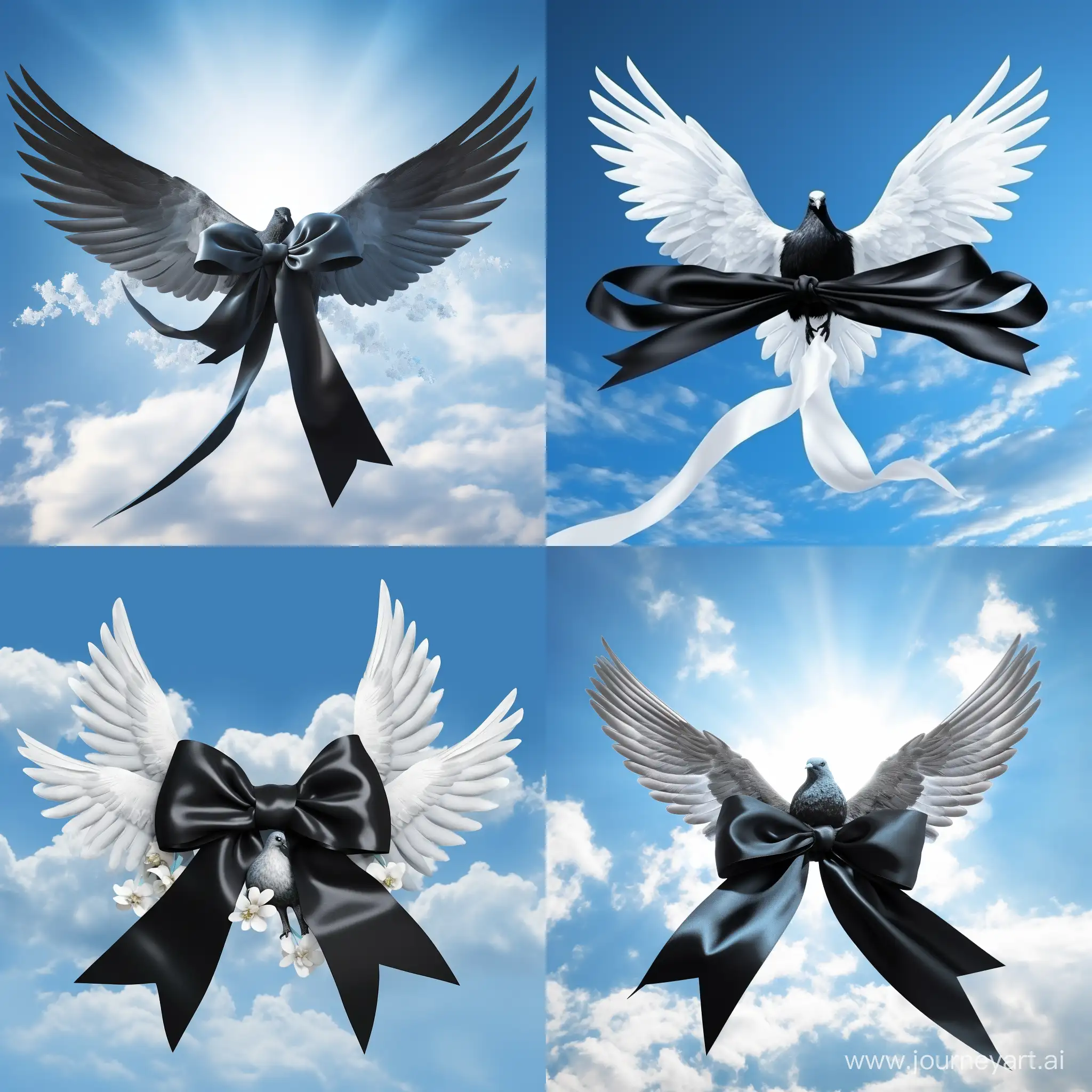 BLACK MOURNING BOW IN THE BLUE SKY WITH WHITE DOVES JESUS