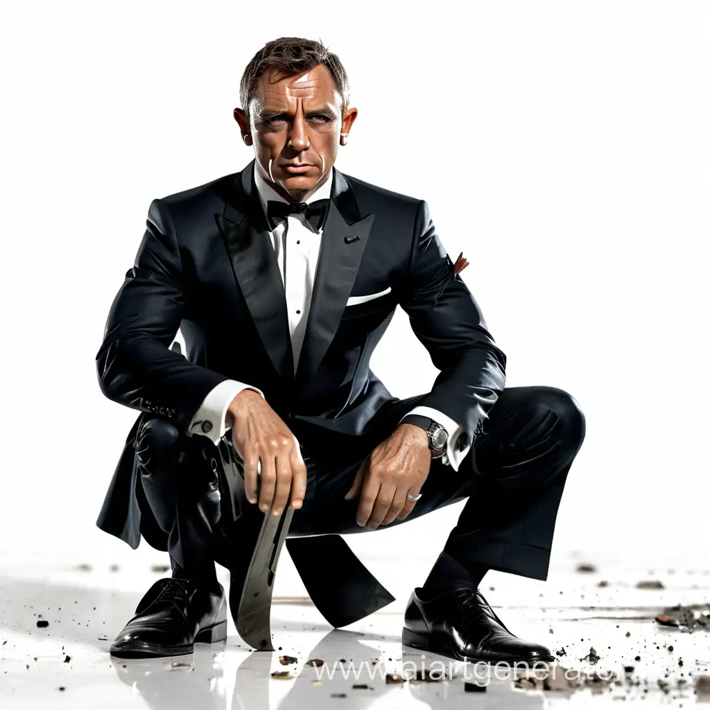 James Bond sits on the ground, in a suit, sideways and looking to the right, picture on a white background