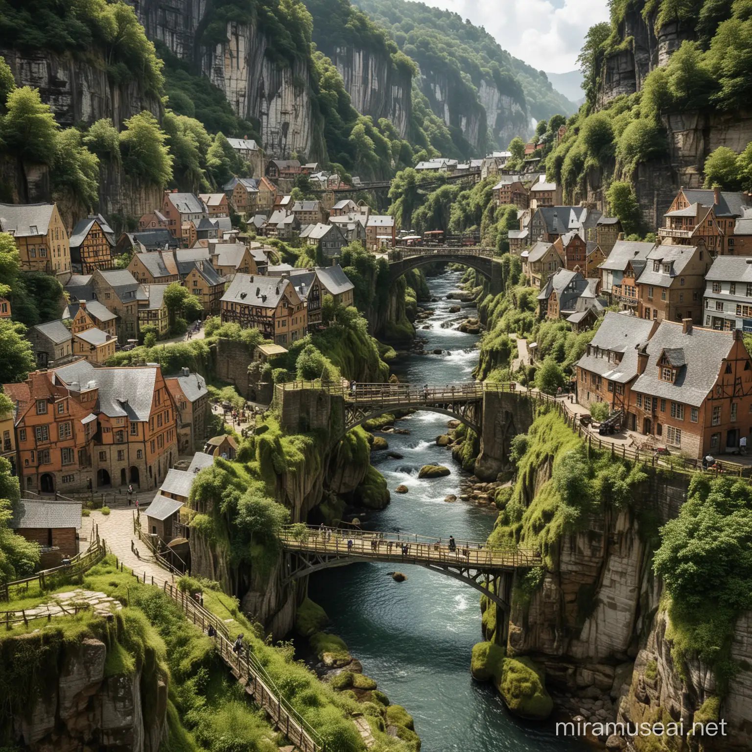 Town in a forest, has many bridges over rivers and streams as well as bridges connecting different parts of the town which is separate by cliffs, the town is built from bricks and has moss growing on the buildings