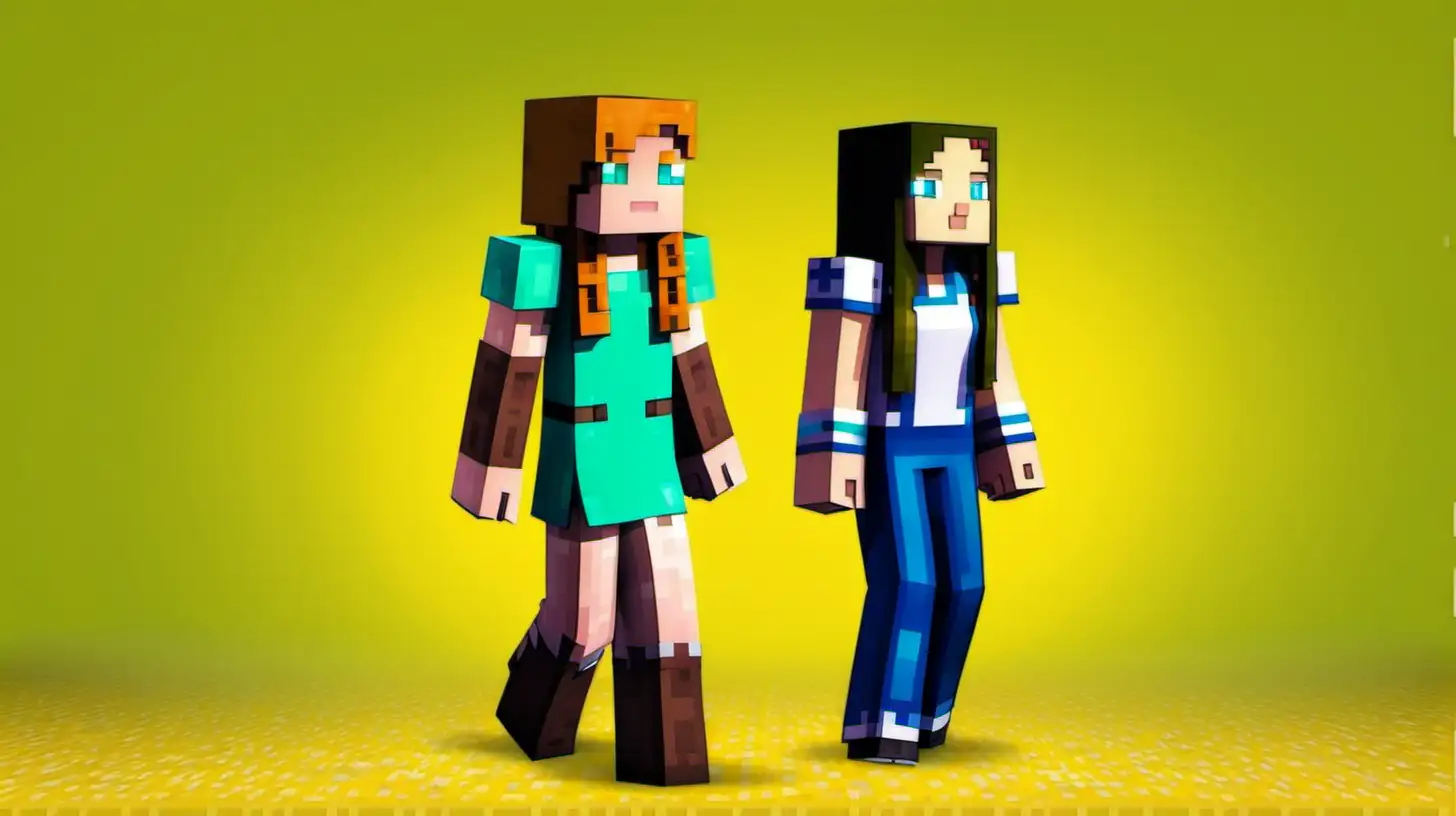Minecraft Women Standing Against Vibrant Yellow Backdrop