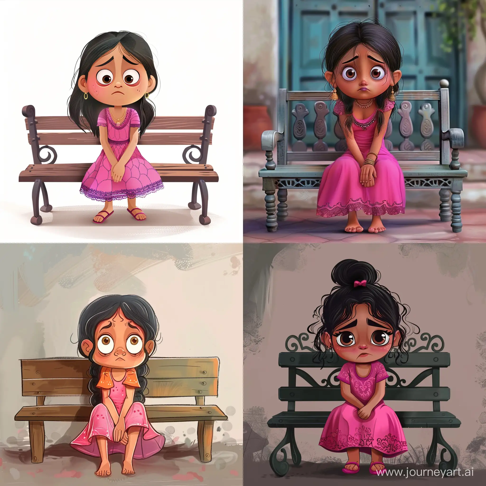 make eyes movement girl cartoon sitting in bench and she is vary sad pink dress on nepali face--ar 9:16