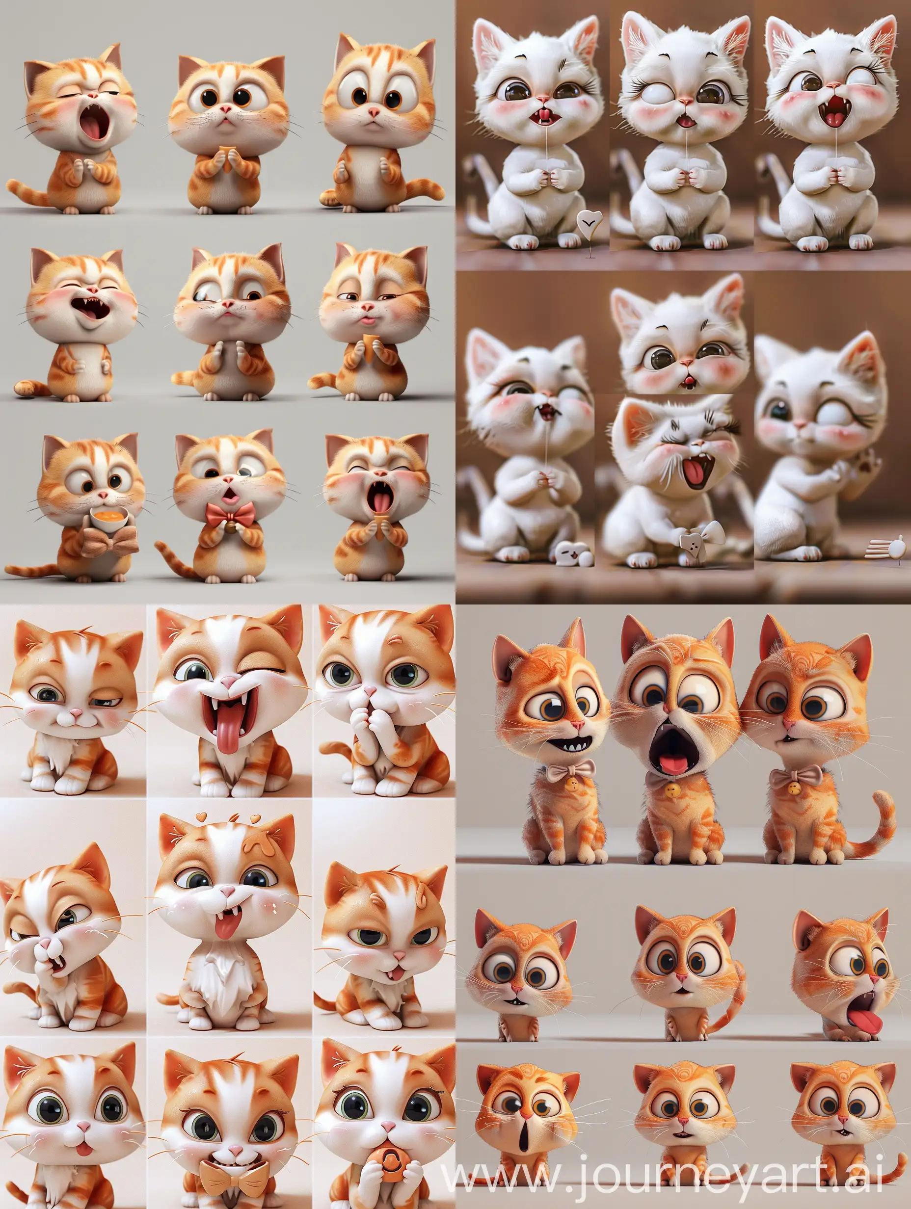A cute chubby kitten, Multiple facial expressions, different emotions, various poss and expressions, emoticons, 6 emoticons, various expressions, eating, make a bow, Work, 3D Clay style --ar 3:4 --v 6.0