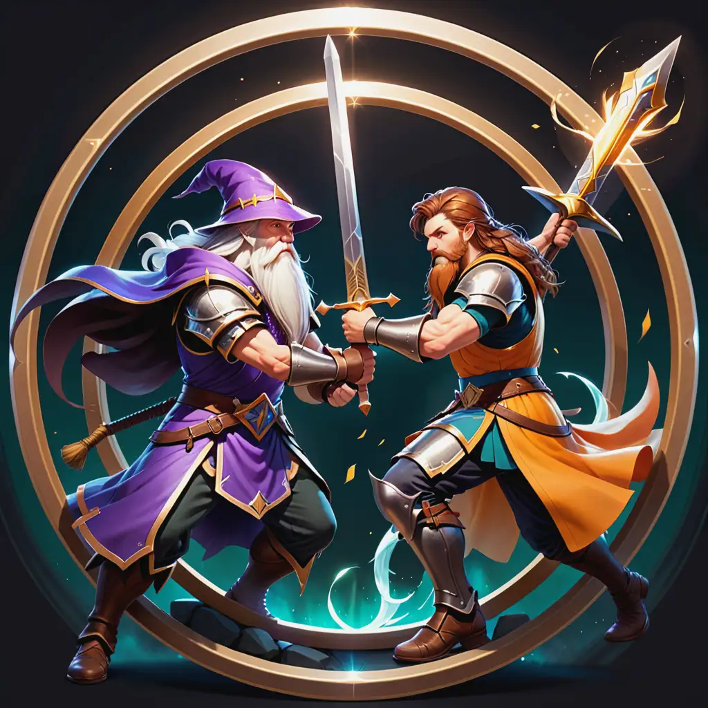 Create a round logo with a diameter of 512 pixels that shows a wizard and a swordsman both wearing Armor fighting. A large crowd is around them watching. The words "Oly Queue" exactly are displayed above them and a transparent background.