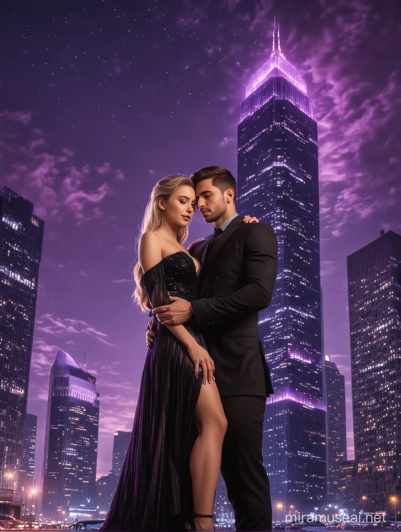 Romantic Couple Embracing Under Glowing Purple Skyscraper Lights