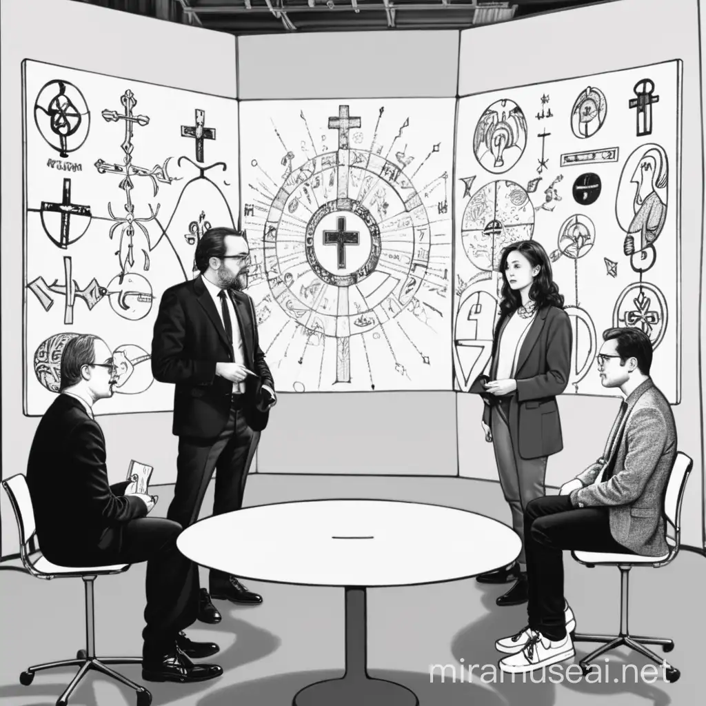 Three People Discussing in Studio Transmission with Christian Symbols