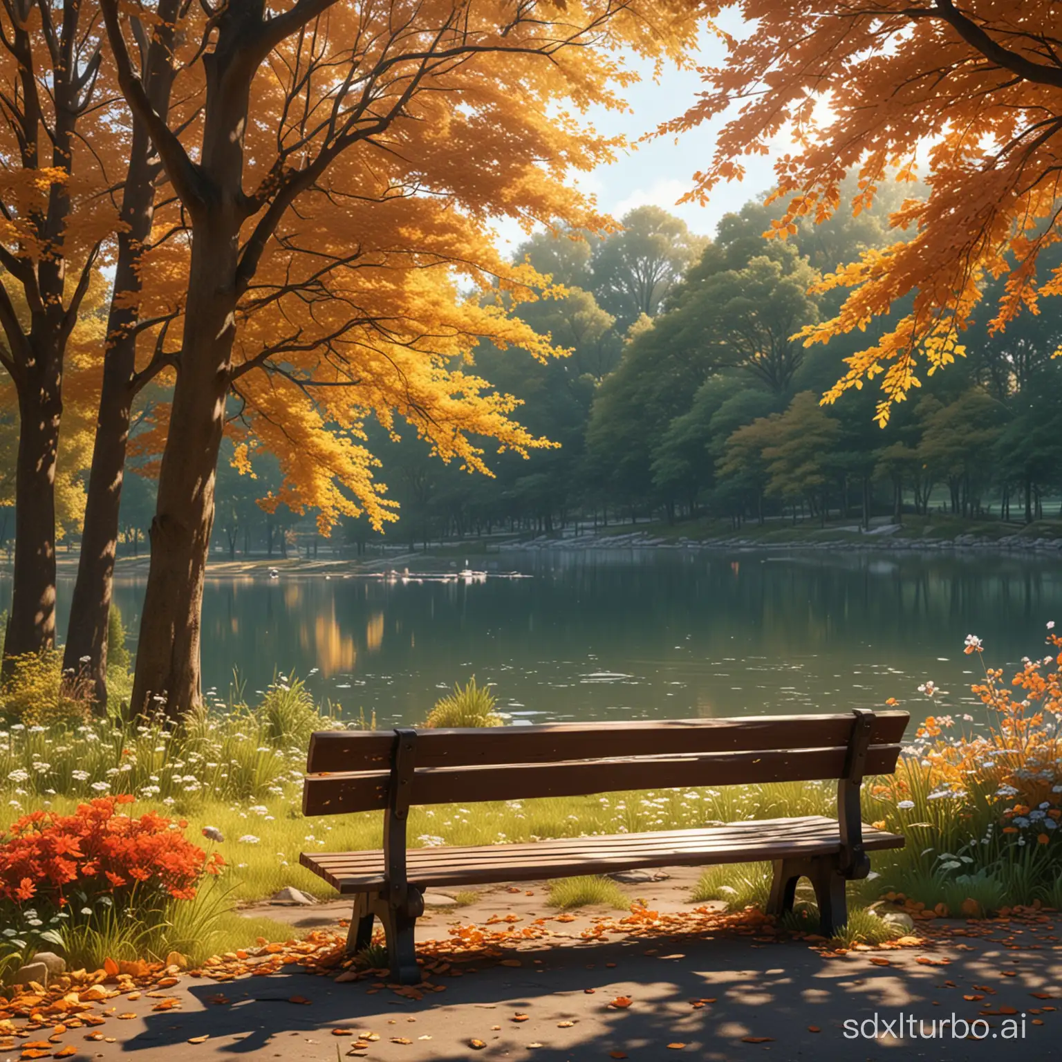 (Masterpiece) Accurate anime 8K wallpaper of a bench in a park near a lake with patches of flowers in dappled lighting, surrounded by trees and autumn leaves, the early morning is quiet and deserted. (Highest quality)