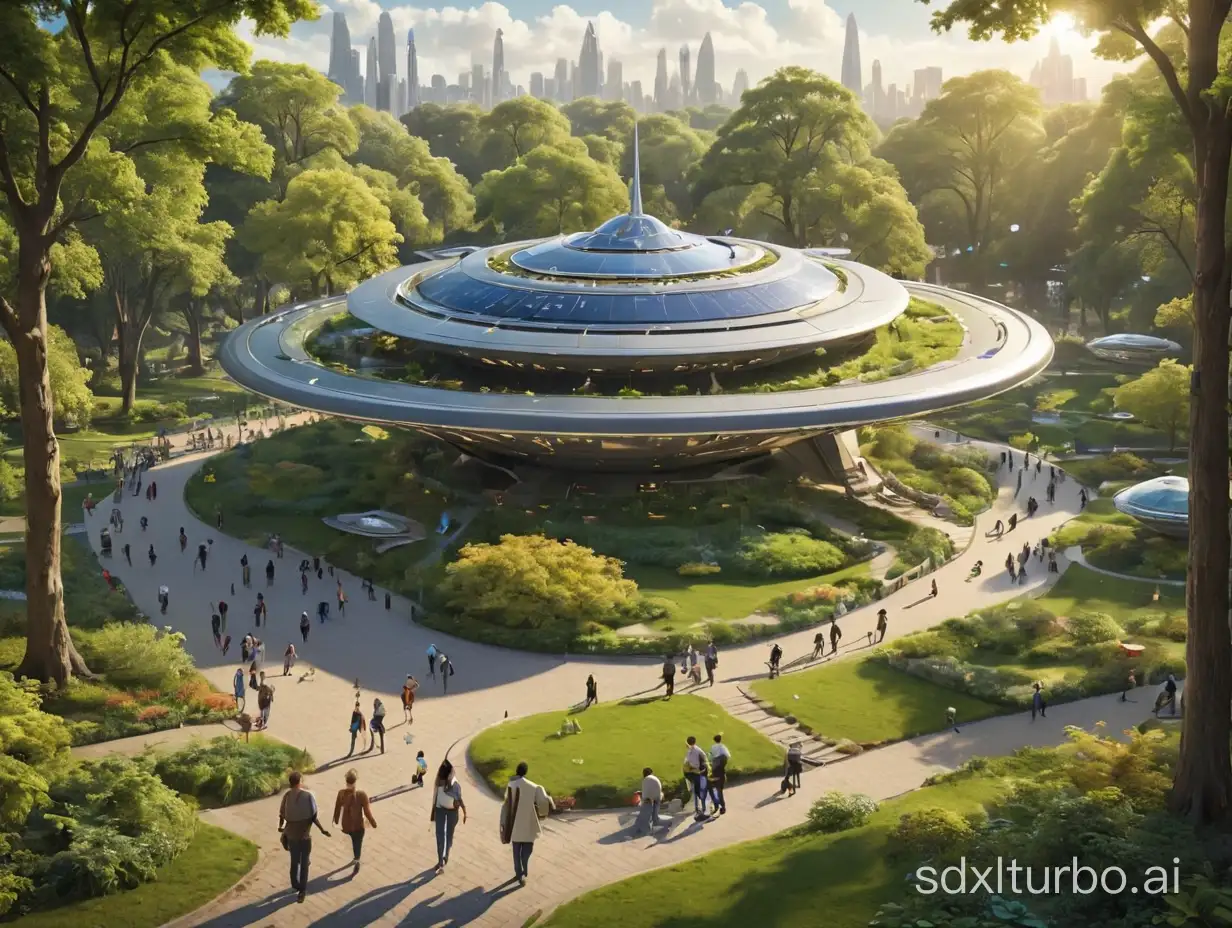 The park of the future with plates with a spaceship and strolling people