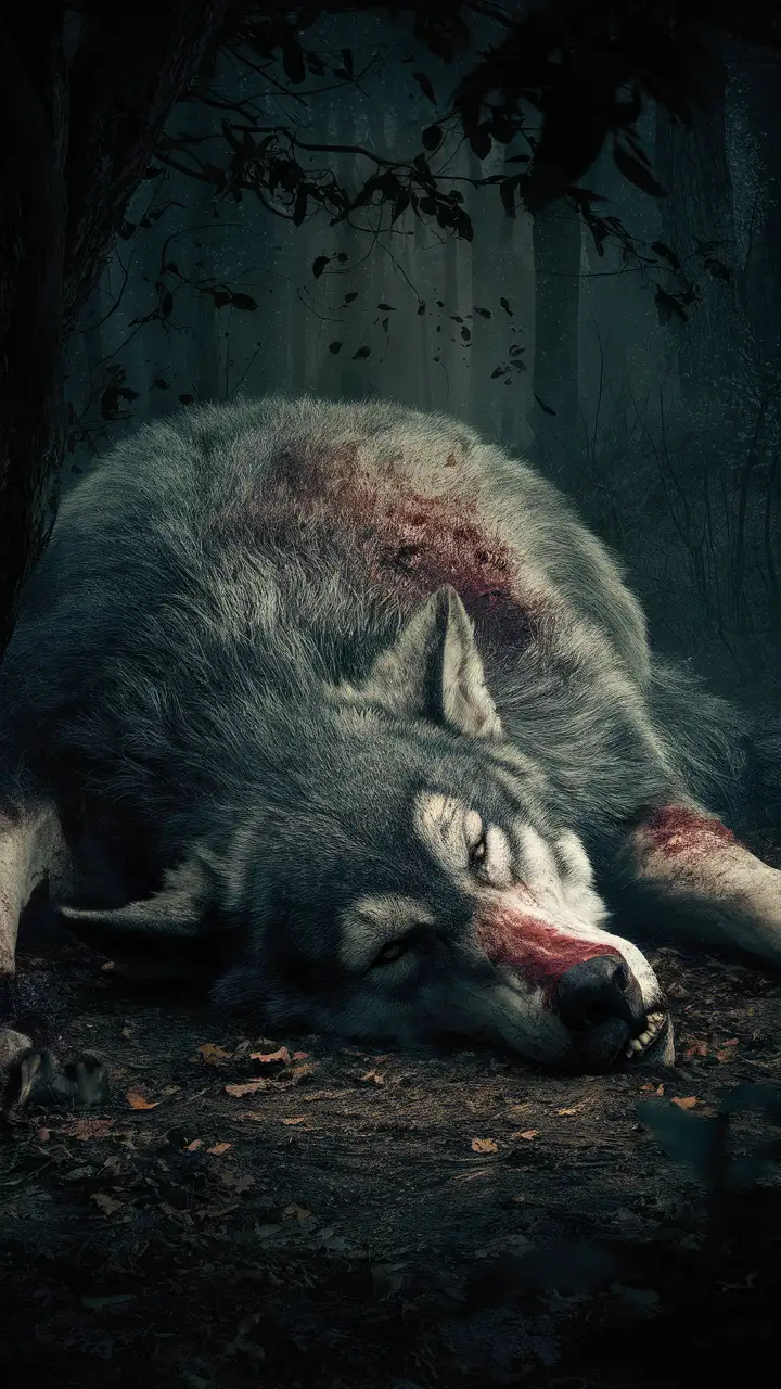 A huge wolf monster lying dead in the woods with eyes closed. The huge wolf monster is covered in blood 